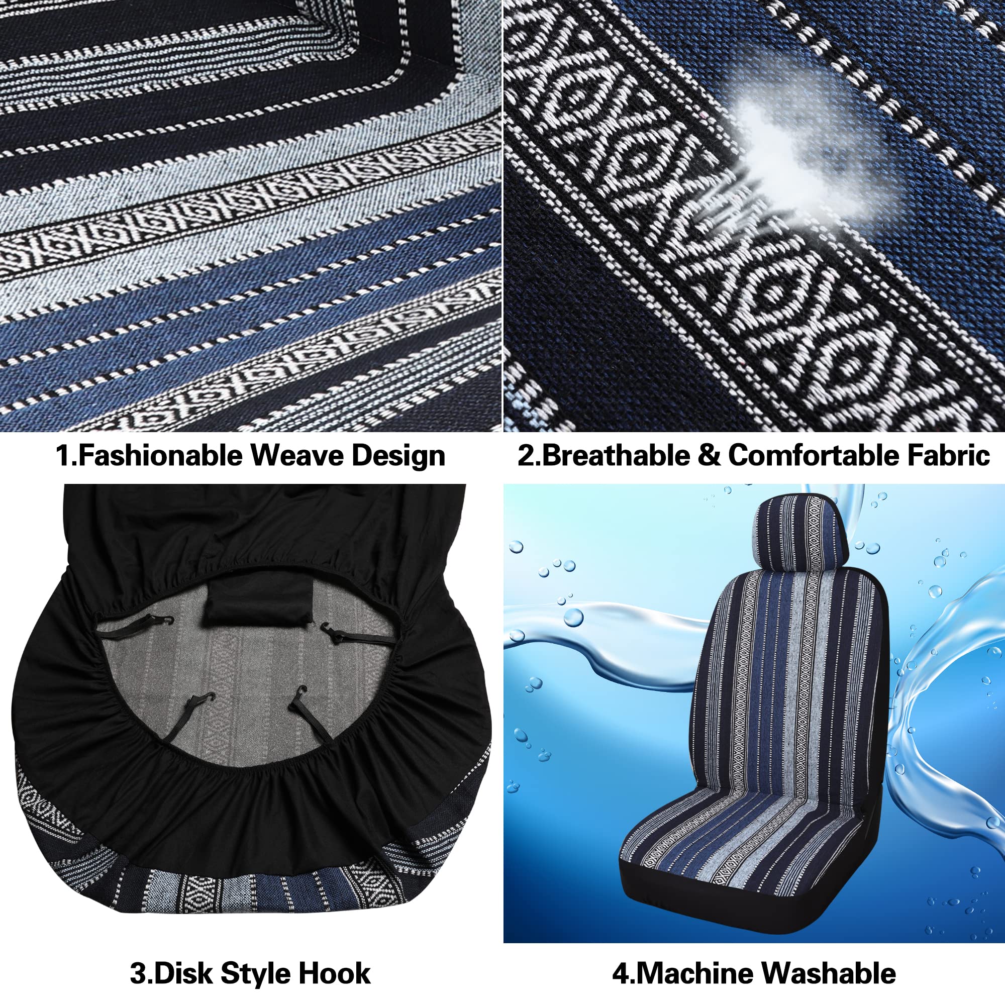Pariitadin Baja Saddle Blanket Car Seat Covers Front Set With Seat Belt Pads, Washable Breathable Striped Woven Cloth Seat Cover