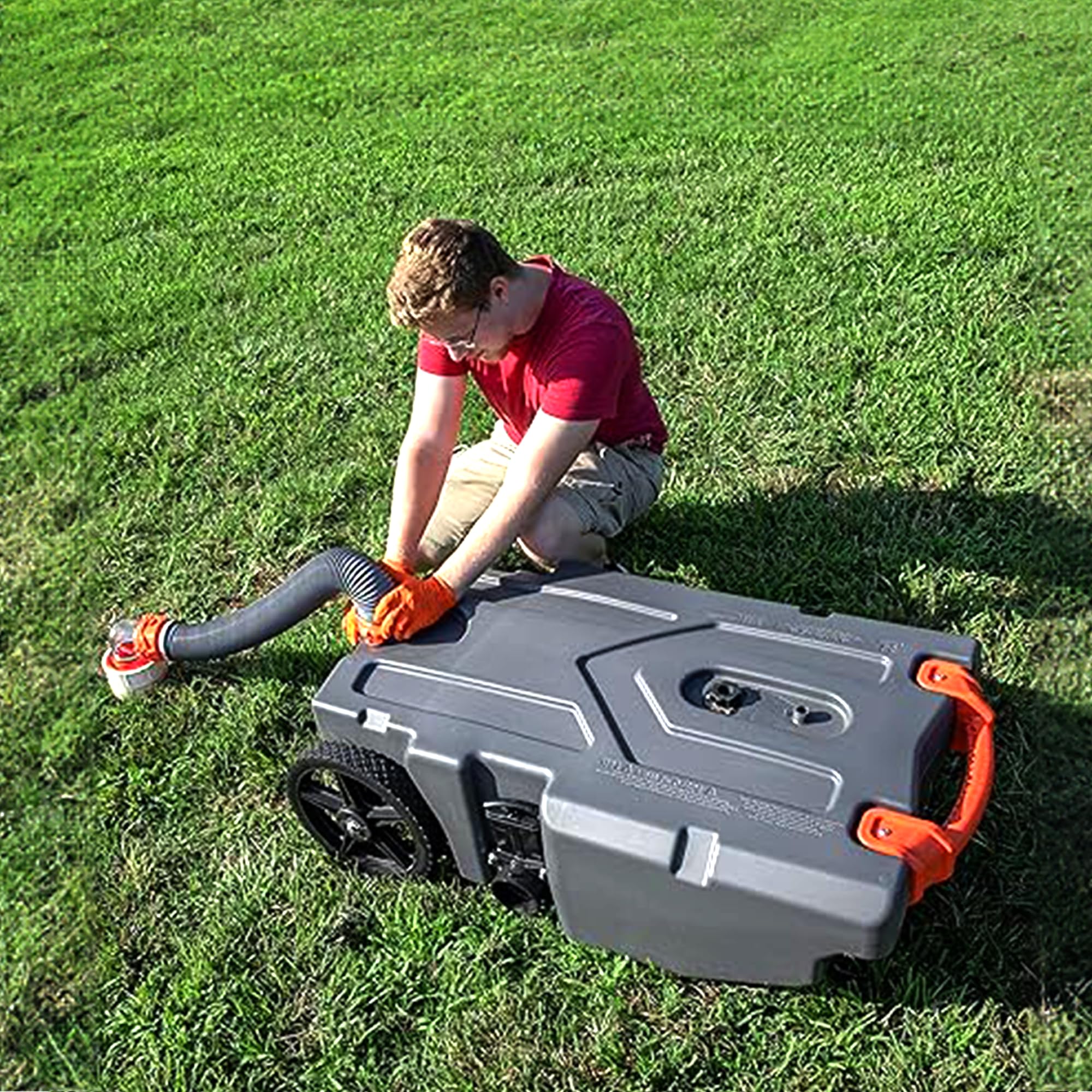 Camco 36 Gal Heavy Duty Rhino Portable Rv Waste Tank With Wheels, Sewer Hose, Steel Tow Adapter, And Accessories, Gray (2 Pack)