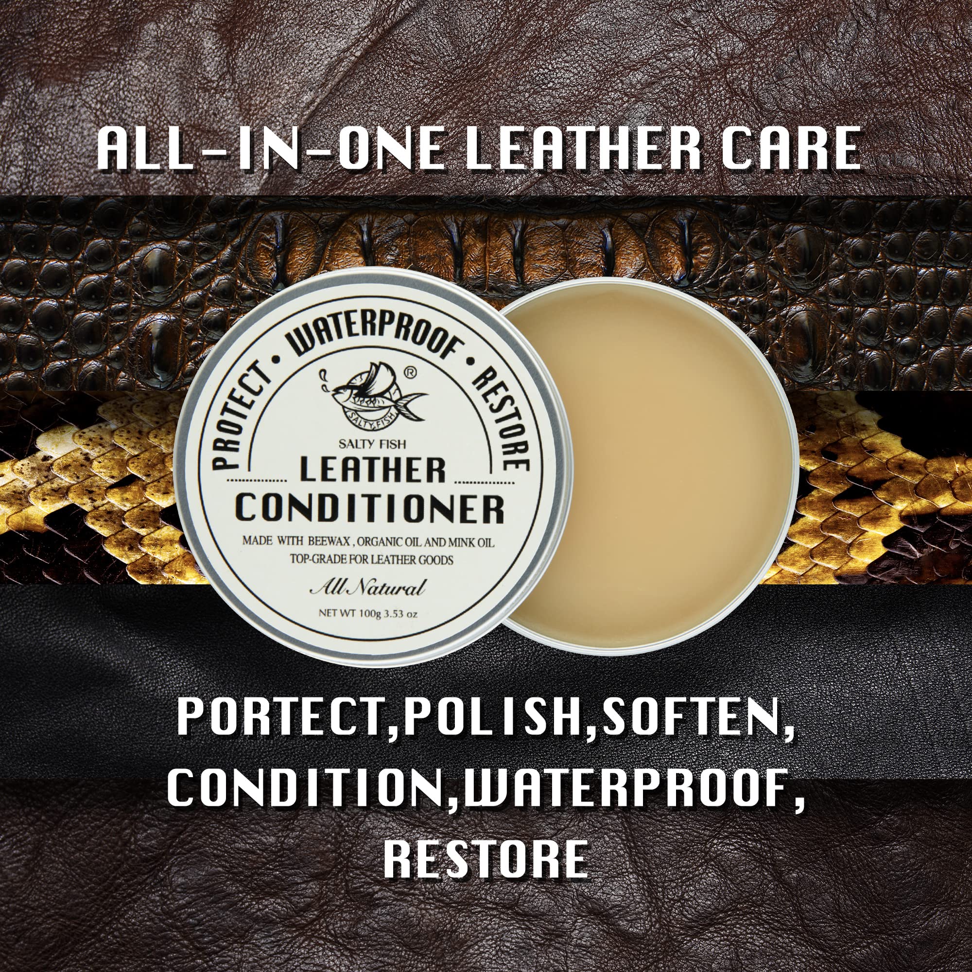 Salty Fish All-Natural Leather Conditioner And Cleaner,Made With Mink Oil Beeswax,Protect Soften Waterproof Leather Furniture,Ca