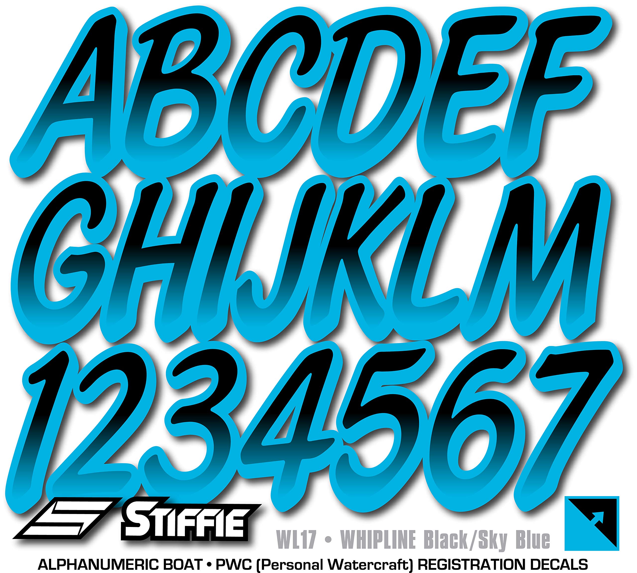 STIFFIE Whipline Black/Sky Blue 3'' Boat & PWC Registration Decals  Numbers Letters Stickers