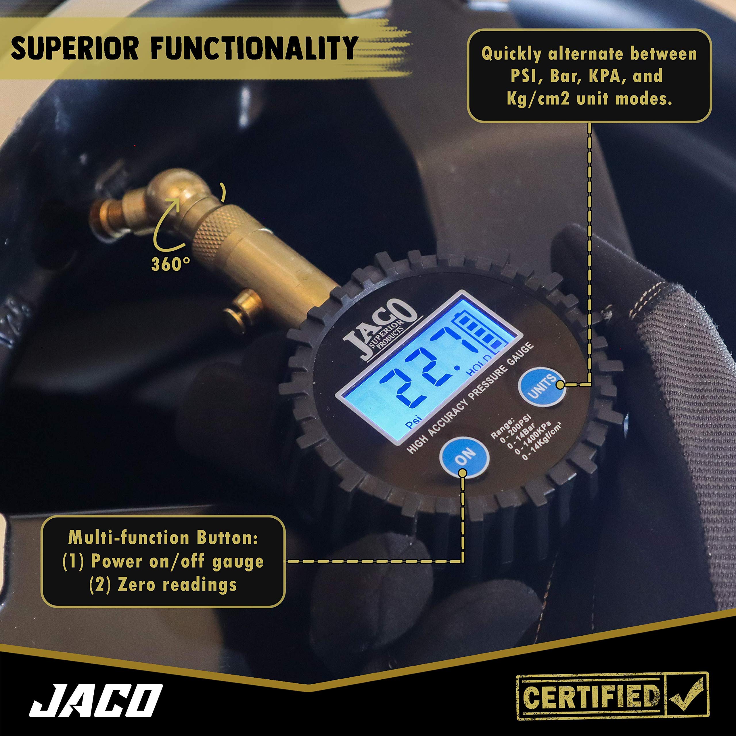 Jaco Elite Digital Tire Pressure Gauge - Professional Accuracy - 100 Psi
