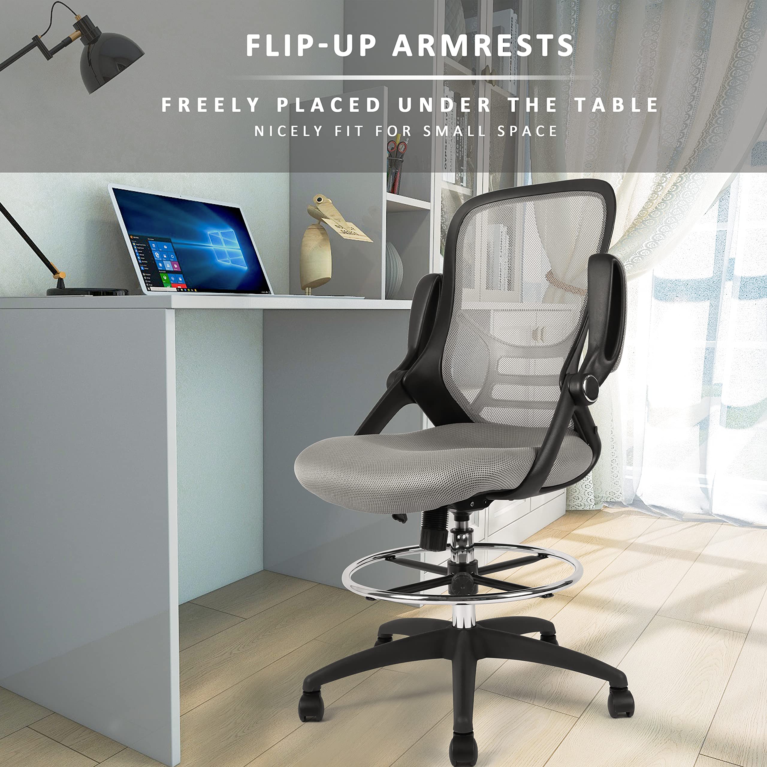 HYLONE High-Back Drafting Chair, Grey Mesh Office Stool with Flip-Up Arms, Adjustable Foot Ring, Tall Design for Standing Desks, 51.4 Height