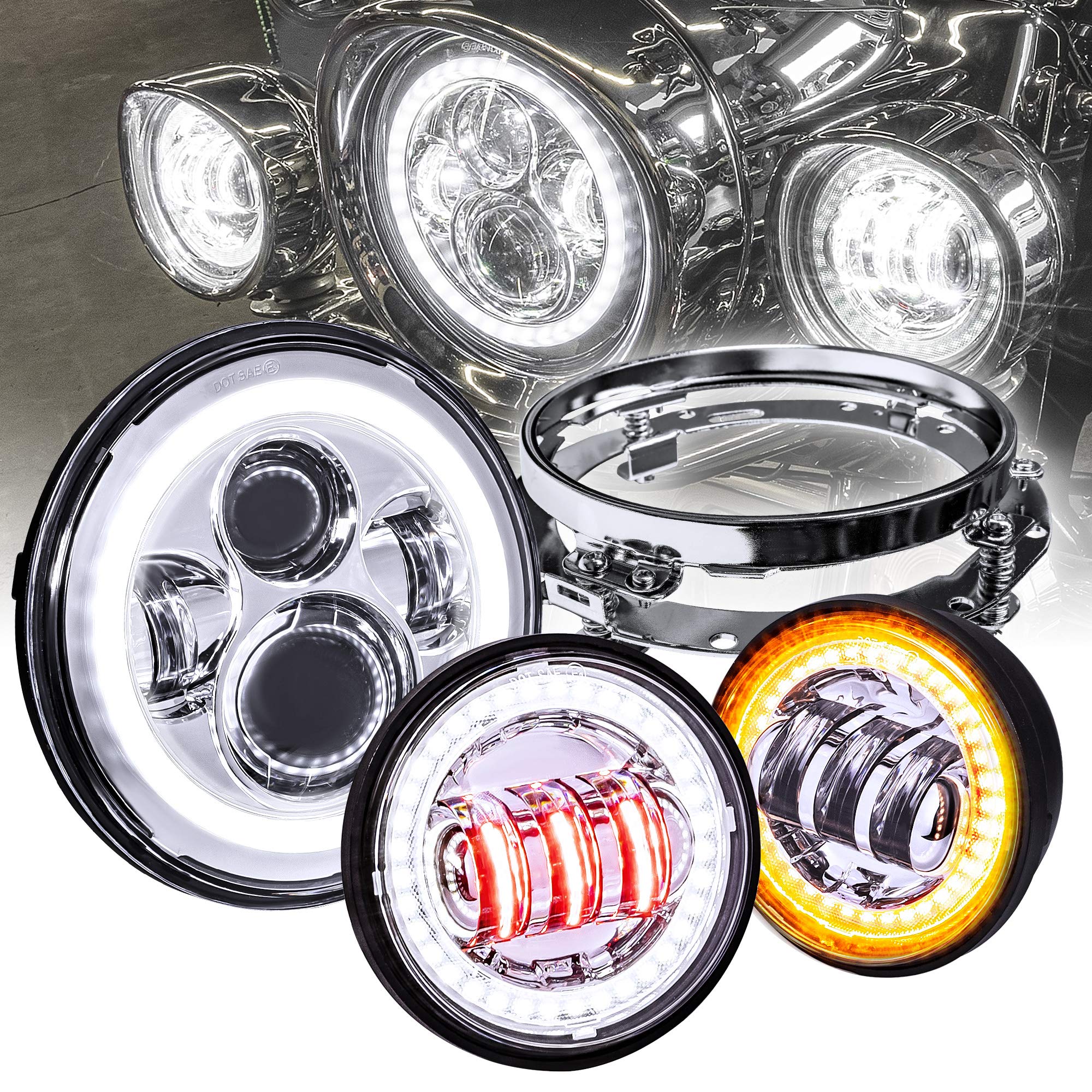 TRUE MODS 7'' LED Headlight/4.5'' Passing Light for Harley Davidson + Mounting Bracket [Chrome-Finish] [HALO DRL] [4500/1440 LM]