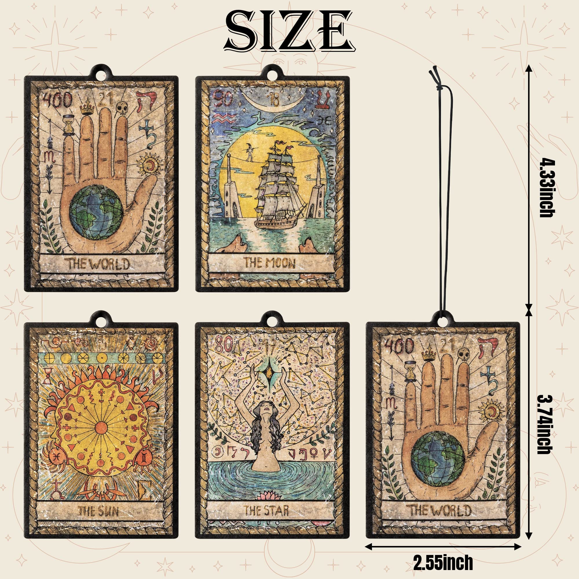 L1Rabe 4Pcs Vintage Tarot Car Air Fresheners, The Star World Sun Moon Hanging Air Freshener Fragrance Scented Cards Old Style Ta