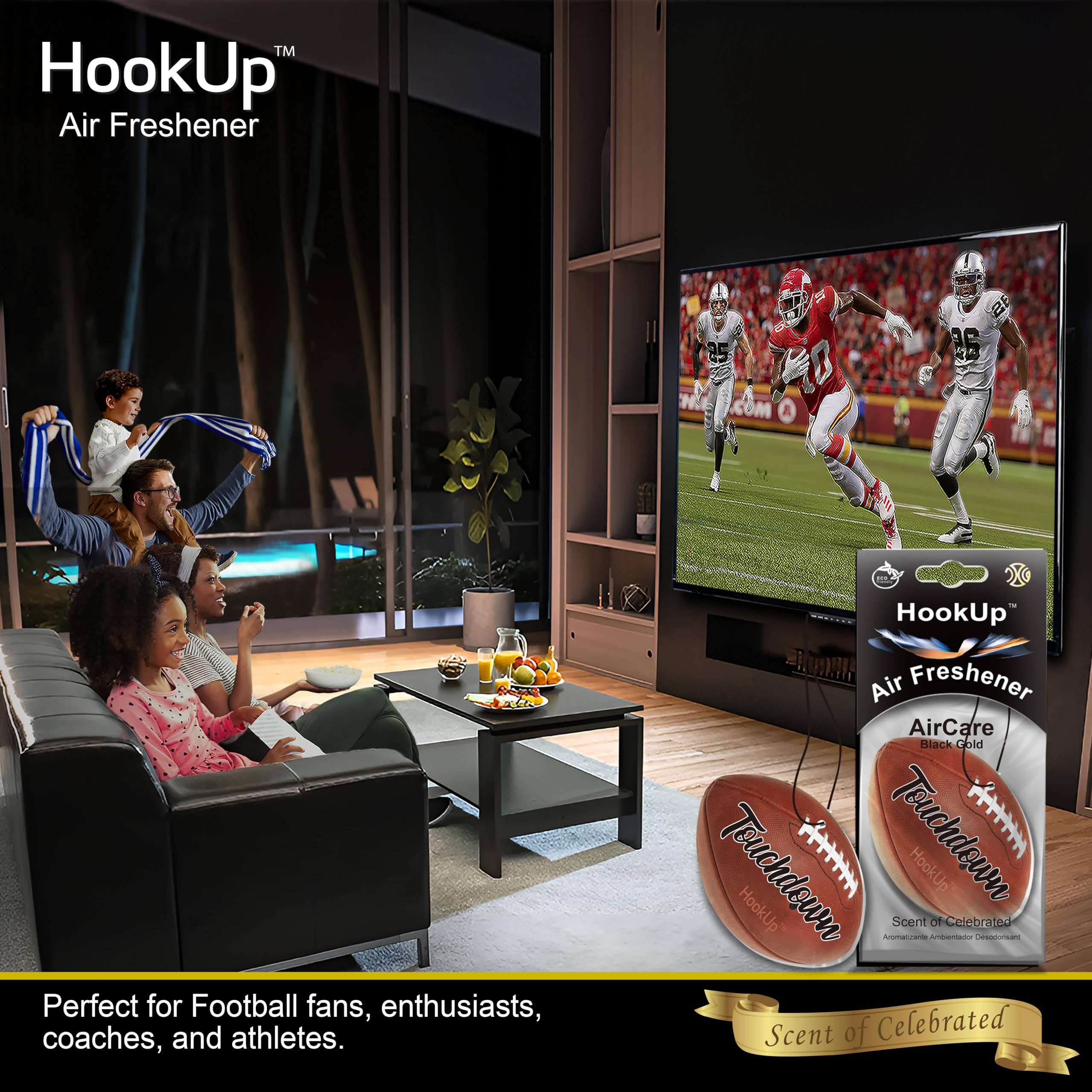 Football Car Air Freshener by HookUp - 25 Pack - Black Gold Scent (Extra Strong) | Unique Football Gift for Players, Coach, Fans