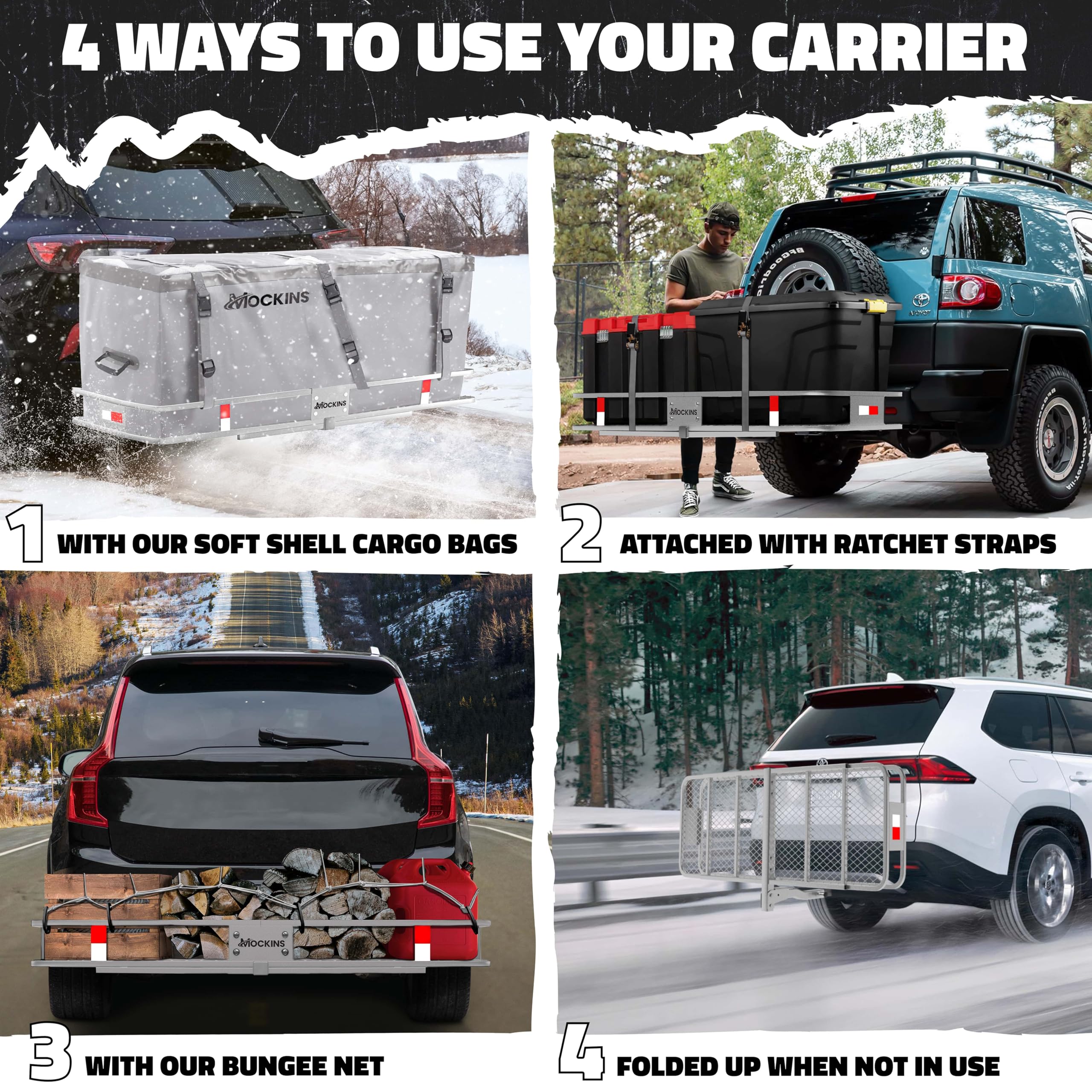 Mockins 60'X20'X6' Folding Trailer Hitch Cargo Carrier Rack 500 Lbs Cap| Vehicle Soft-Shell Carriers W/Waterproof Truck Bed Cargo Bag | Cargo Carrier Hitch Mount | Tow Hitch Cargo Basket For Suv &Car