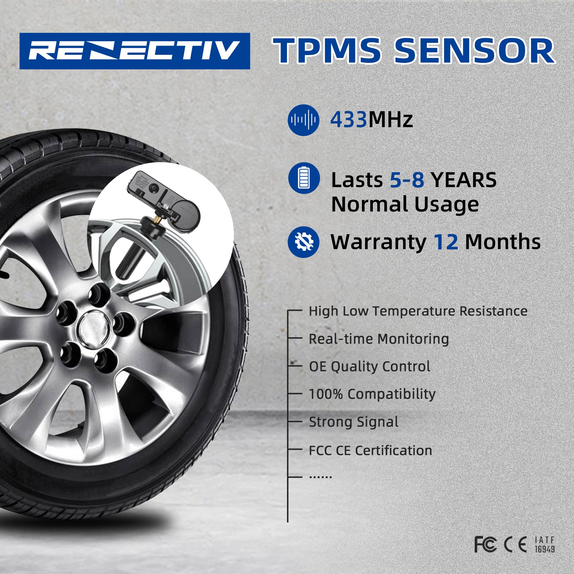 Renectiv Tpms Sensor,433Mhz Tire Pressure Monitoring Sensor Fit For Chrysler Jeep Dodge Ram Replace# 56029398Ab(1-Pack)