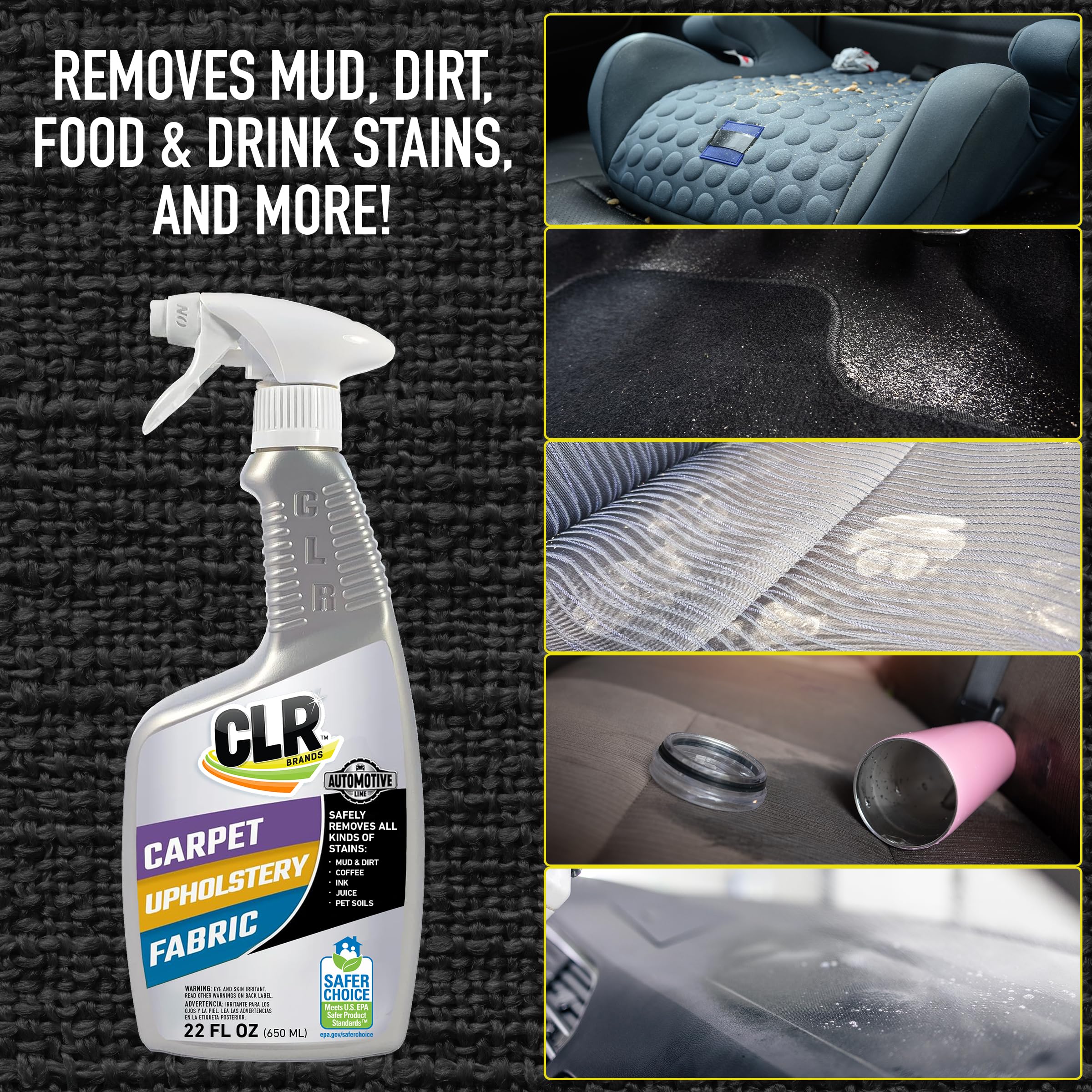 Clr Brands Automotive Carpet, Upholstery & Fabric Cleaner, Fast-Acting Stain Remover, 22Oz Spray