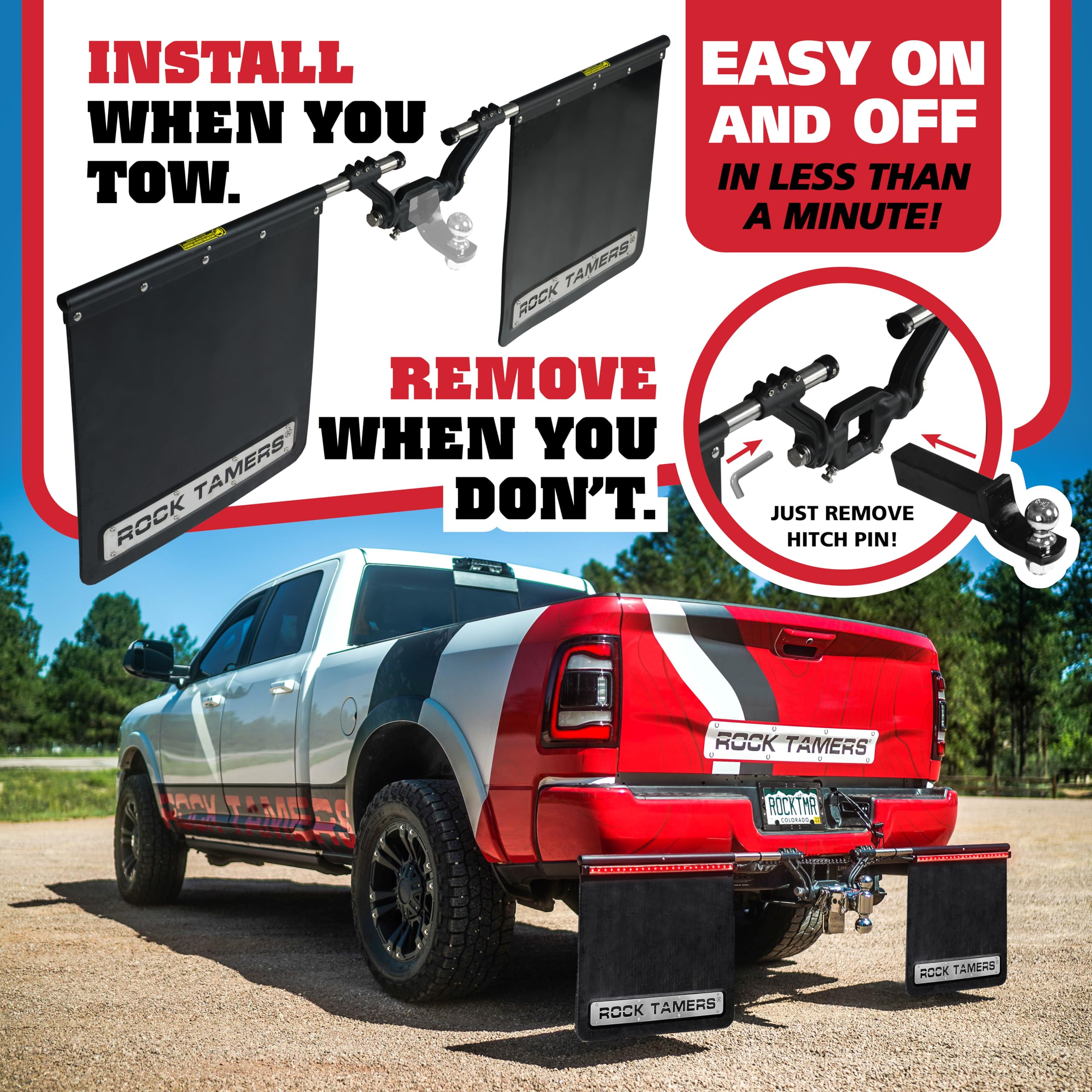 Rock Tamers 00112-3'' Official Mudflap System - 3'' Hitch Receiver - Hitch Mounted Mud Flaps To Protect What You Tow - Removeabl