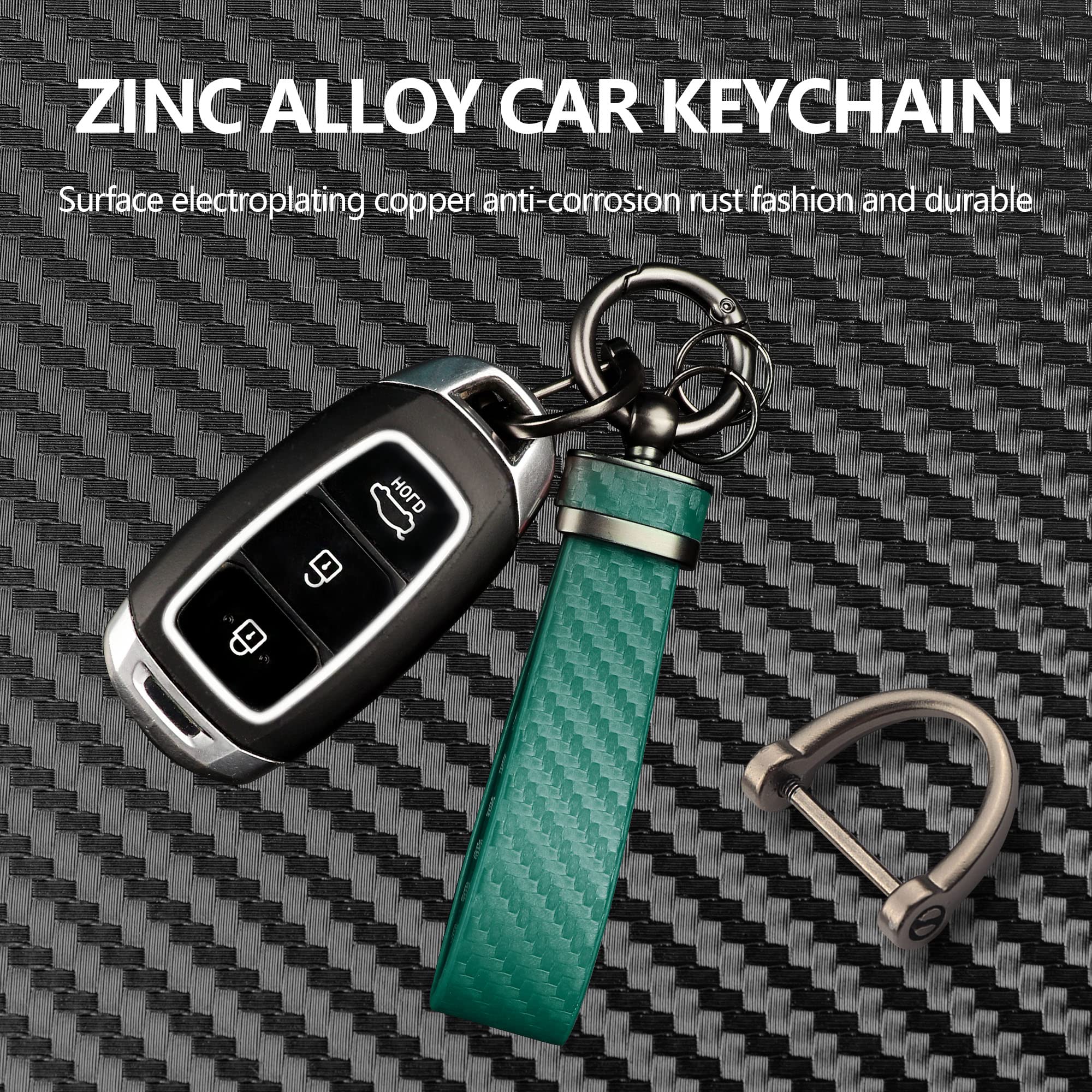 Turcee Carbon Fiber Car Keychain,Interior Accessories Keychains Leather Car Key Fob,Car Accessories Key Ring & Anti-Lost D-Ring(Green)
