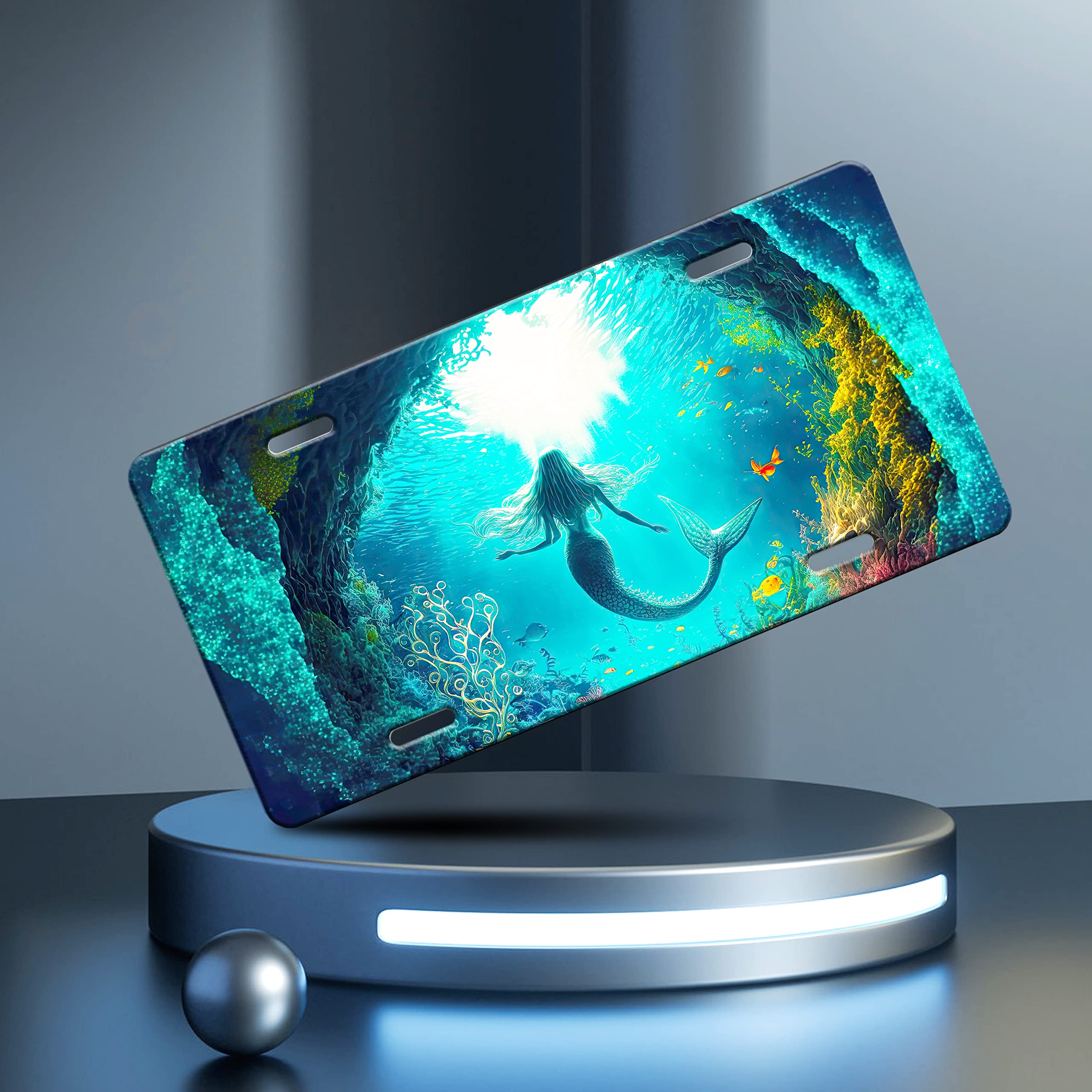 Mermaid License Plate Ocean Fish Animal License Plate Funny Stainless Steel Car Universal Accessory Vanity Tag For Us Canada Sta