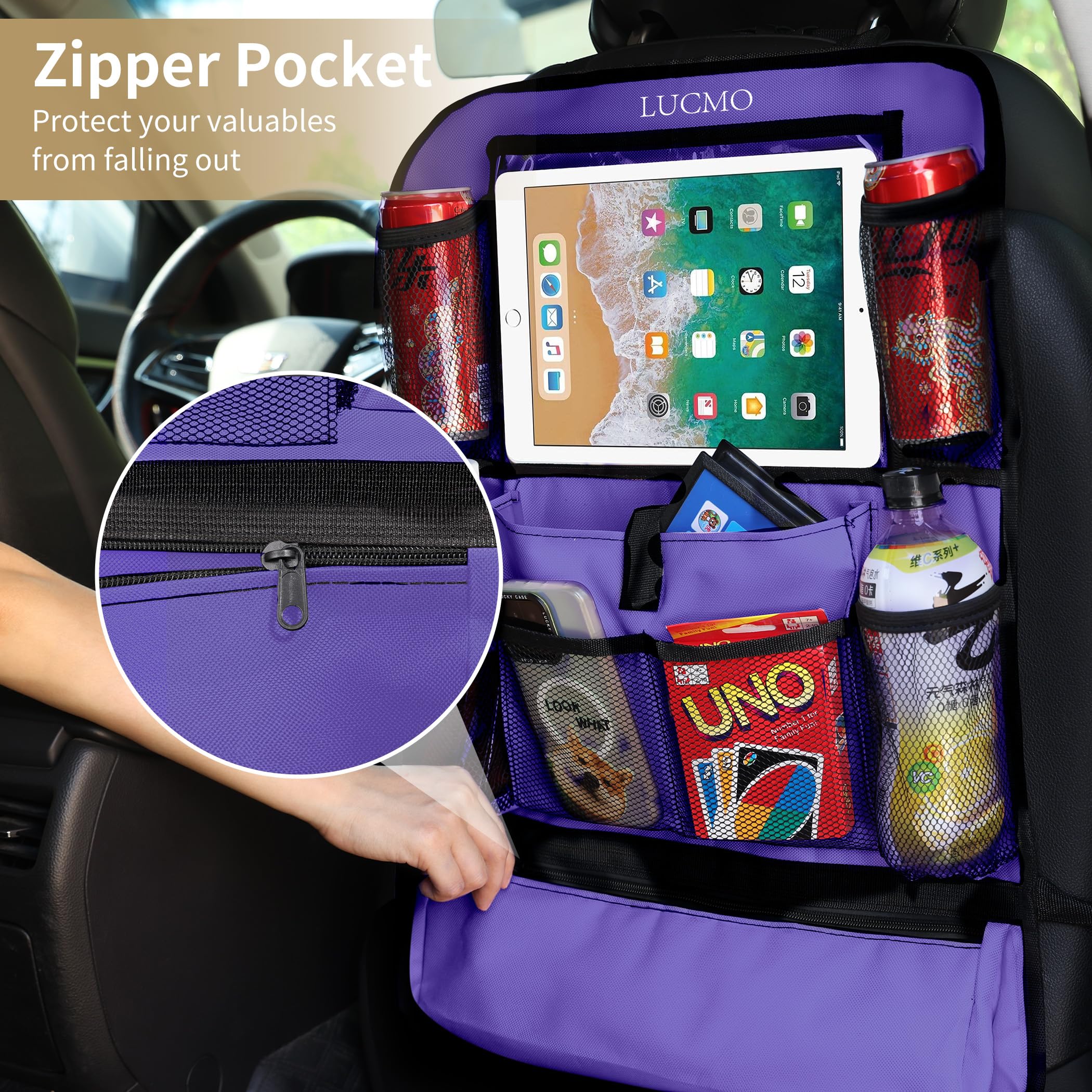 Lucmo Car Backseat Organizer With Touch Screen Tablet Holder-2 Pcs,9 Storage Pockets Car Storage Organizer Protectors Kick Mats