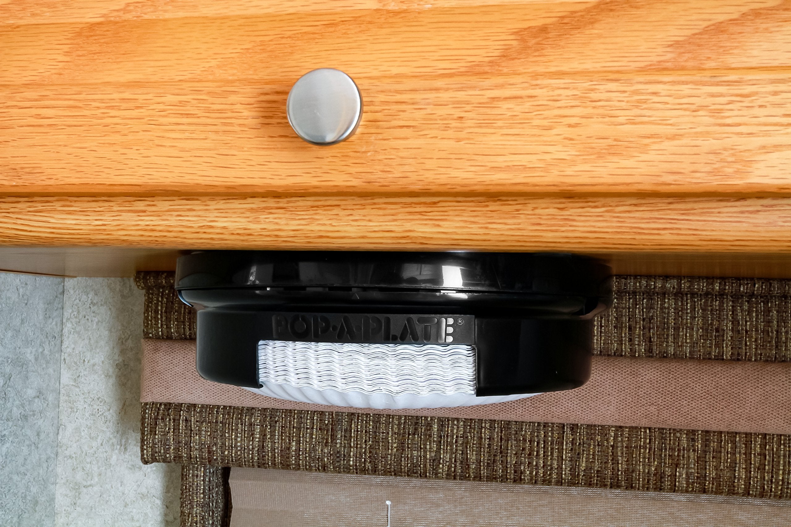 Camco 9-Inch Pop-A-Plate Plastic Plate Dispenser | Ideal For Compact Spaces, Rvs And Trailers | Mounts Under Cabinets Or Shelves