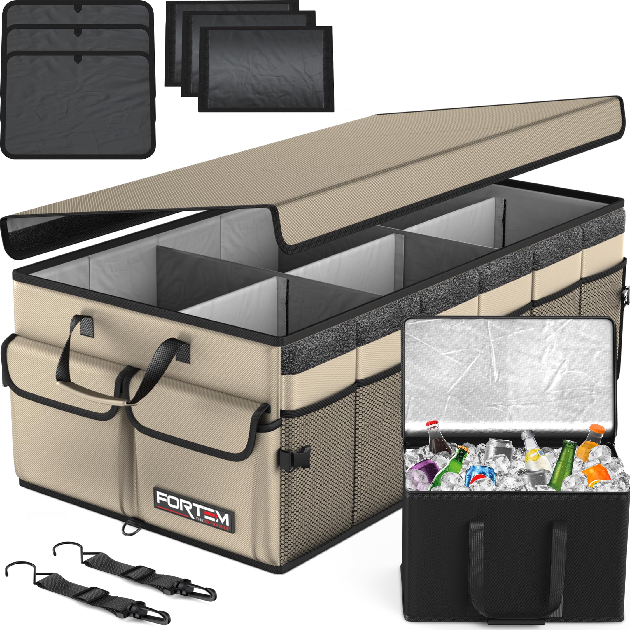 Fortem Car Trunk Organizer With Cooler, Collapsible Multi Compartment Suv Organizer, Foldable Storage For Car Accessories For Wo