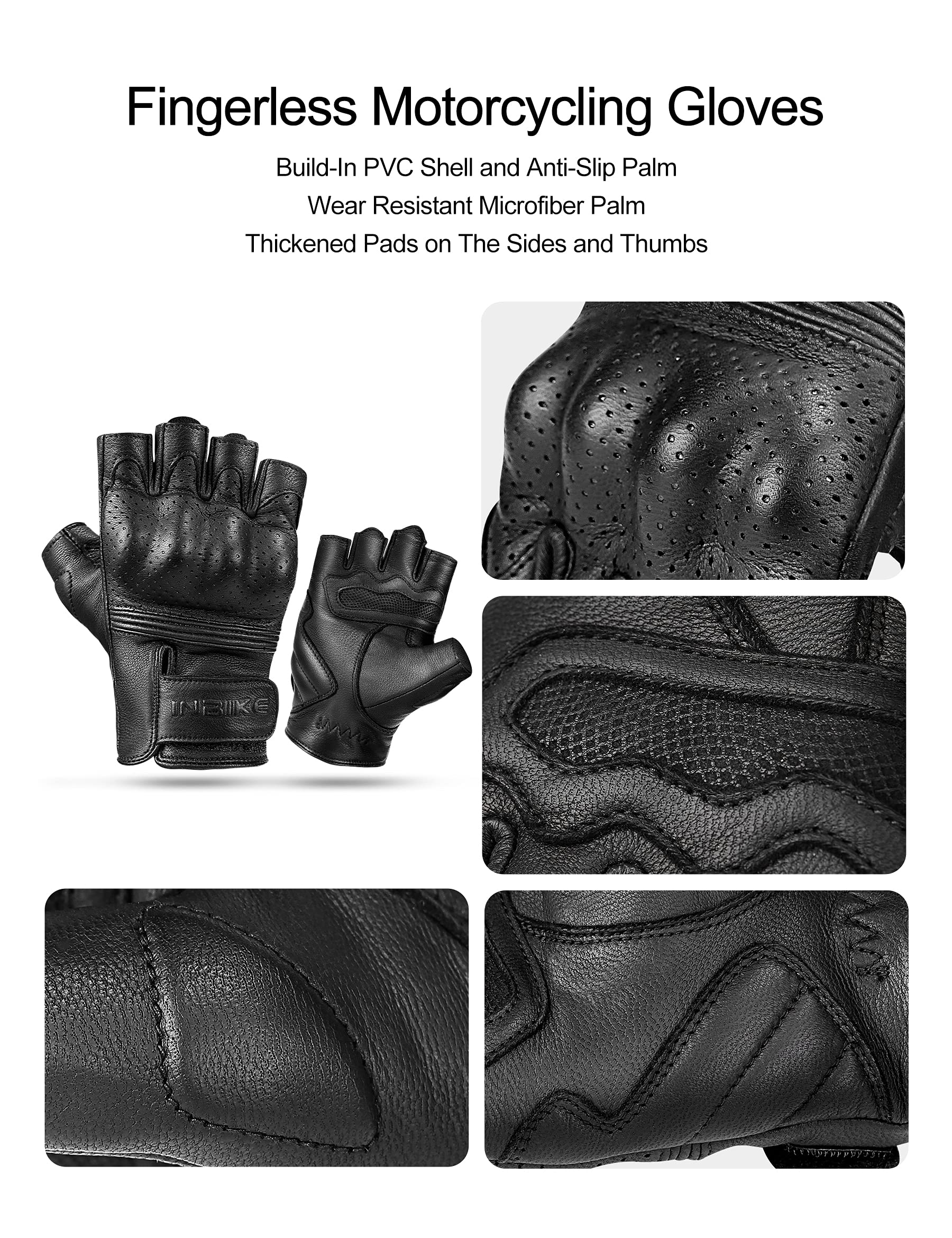 Inbike Fingerless Motorcycle Gloves Summer Breathable Goatskin Leather Wear Resistant Hard Knuckle Black Medium