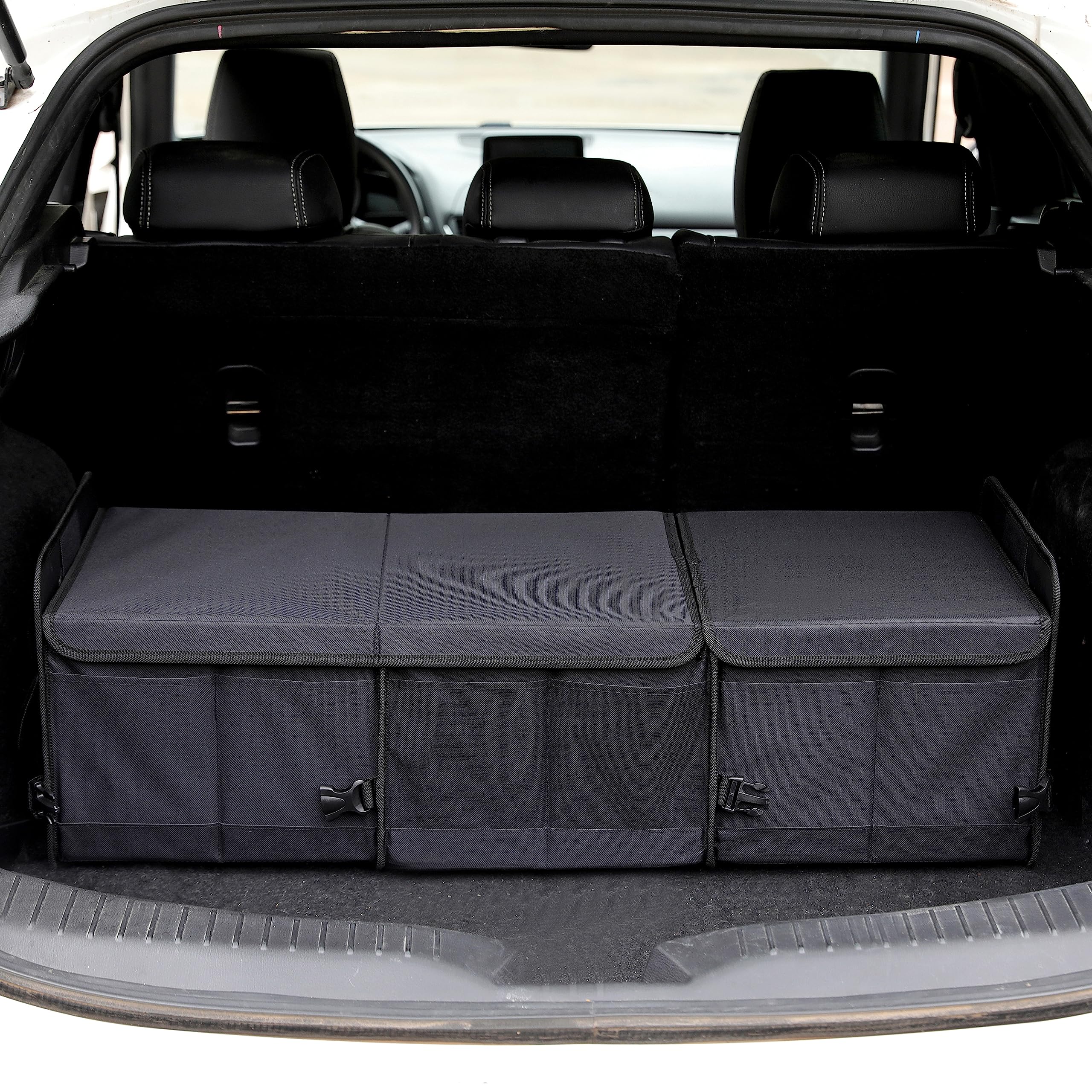 Aokjoy Car Trunk Organizer With Lid Storage Collapsible Multi Compartment Adjustable Straps For Suv, Truck, Sedan(Black) Xl
