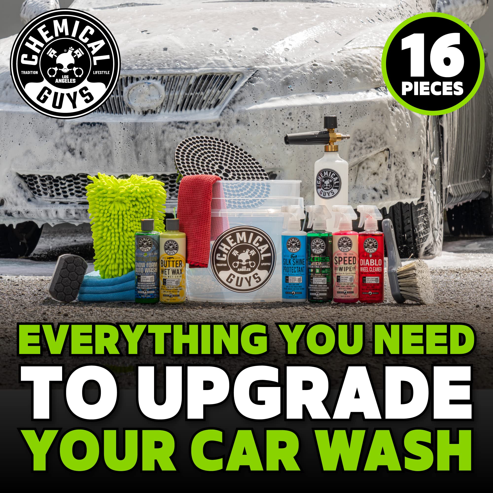 Chemical Guys Hol169 16-Piece Arsenal Builder Car Wash Kit With Foam Cannon, Bucket And (6) 16 Oz Car Care Cleaning Chemicals, G