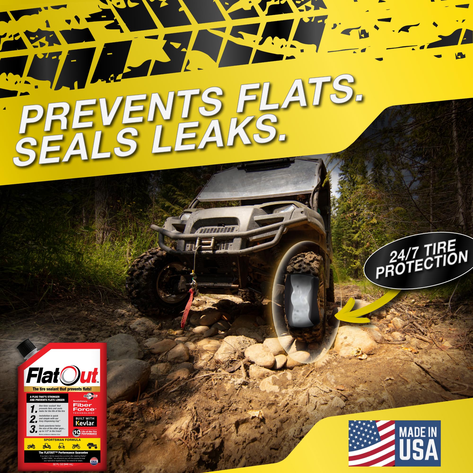 Flat Out Off Road Tire Sealant, Sportsman Formula, Prevents Flat Tires, Fix a Flat Tire, Seals Leaks, Contains Kevlar, 32 Ounce