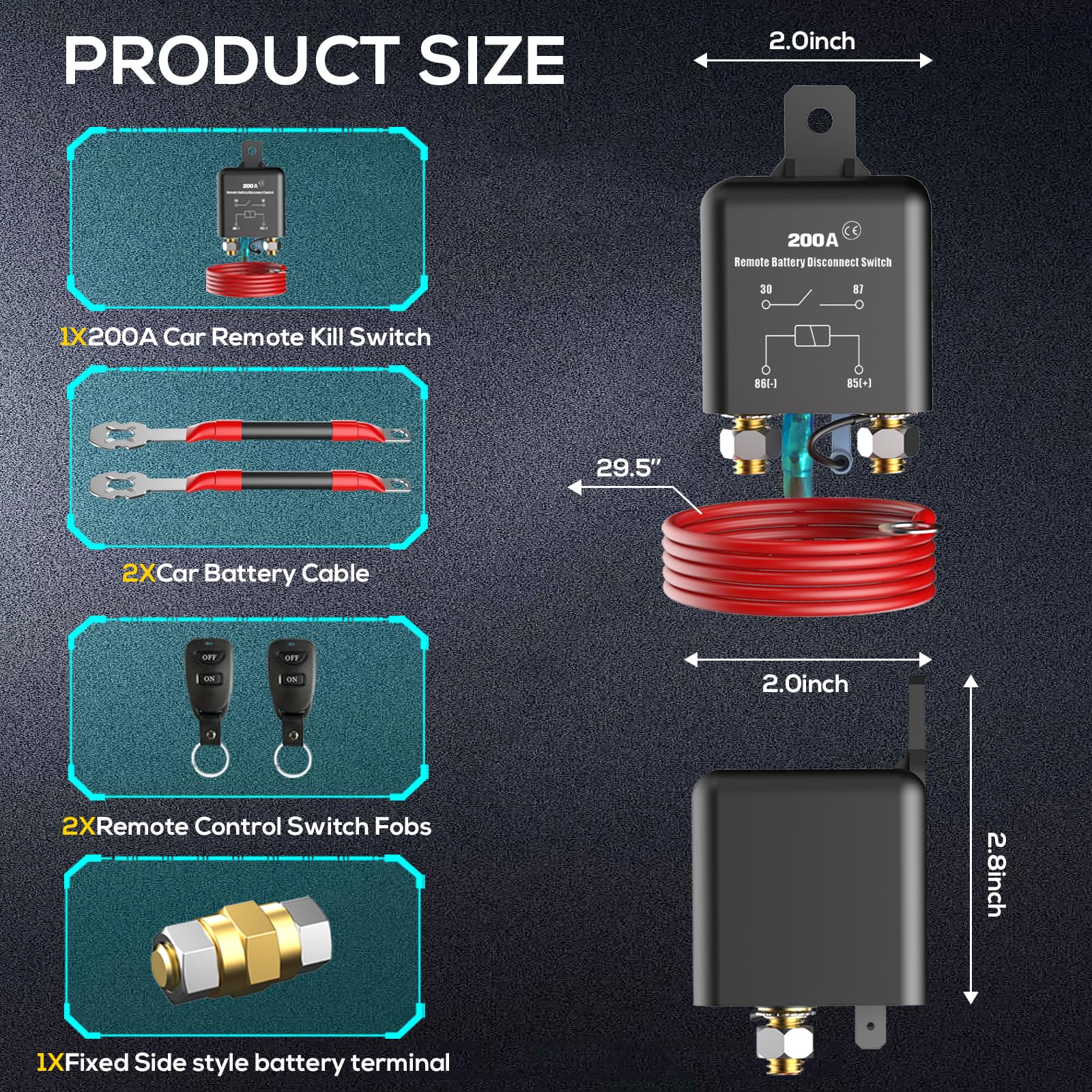 Side Post Remote Battery Disconnect Switch 12V 200A, Battery Cut Off Switch Upgrade Prevent Battery Drain, Easy Installation, Se