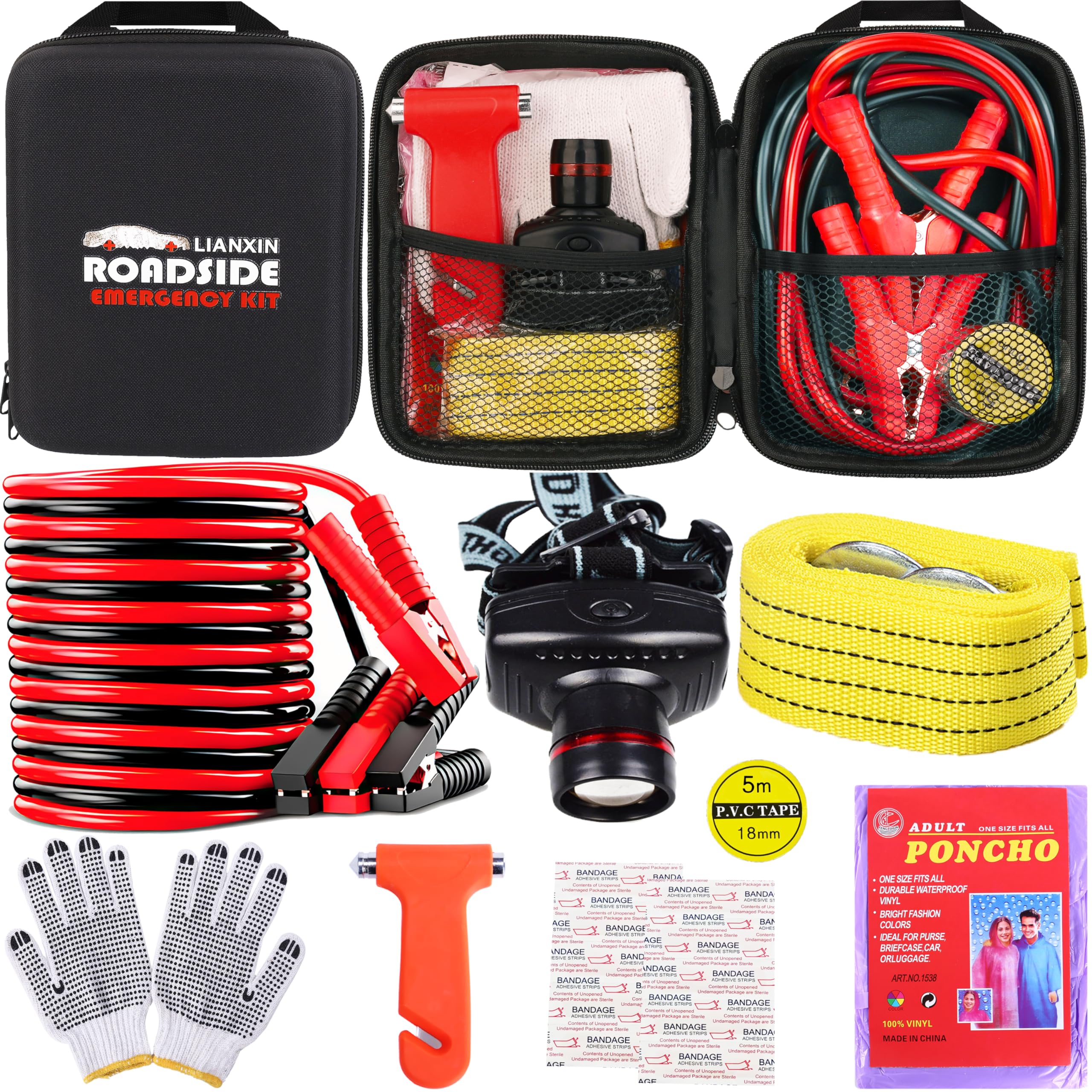 Lianxin Car Roadside Emergency Kit, With Jumper Cables Automotive Kit,Car Safety Roadside Assistance Kit Headlamp,Tow Straps, Sa