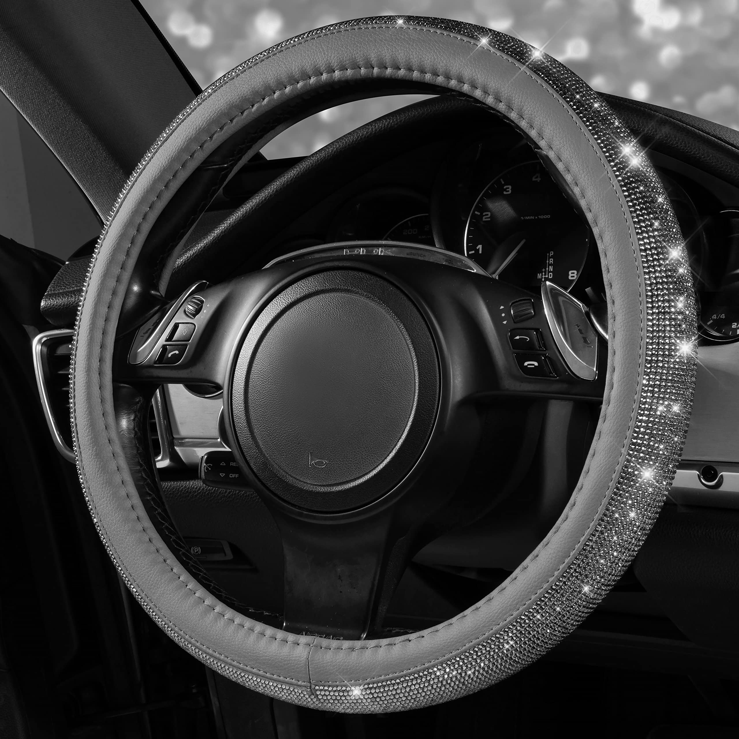 Car Pass Bling Diamond Leather Steering Wheel Cover, With Bling Sparkly Crystal Glitter Rhinestones Universal Fit 14 1/2-15 Car Wheel Protector For Women Girl Fit Suvs,Vans,Sedans,Cars,Trucks, Gray