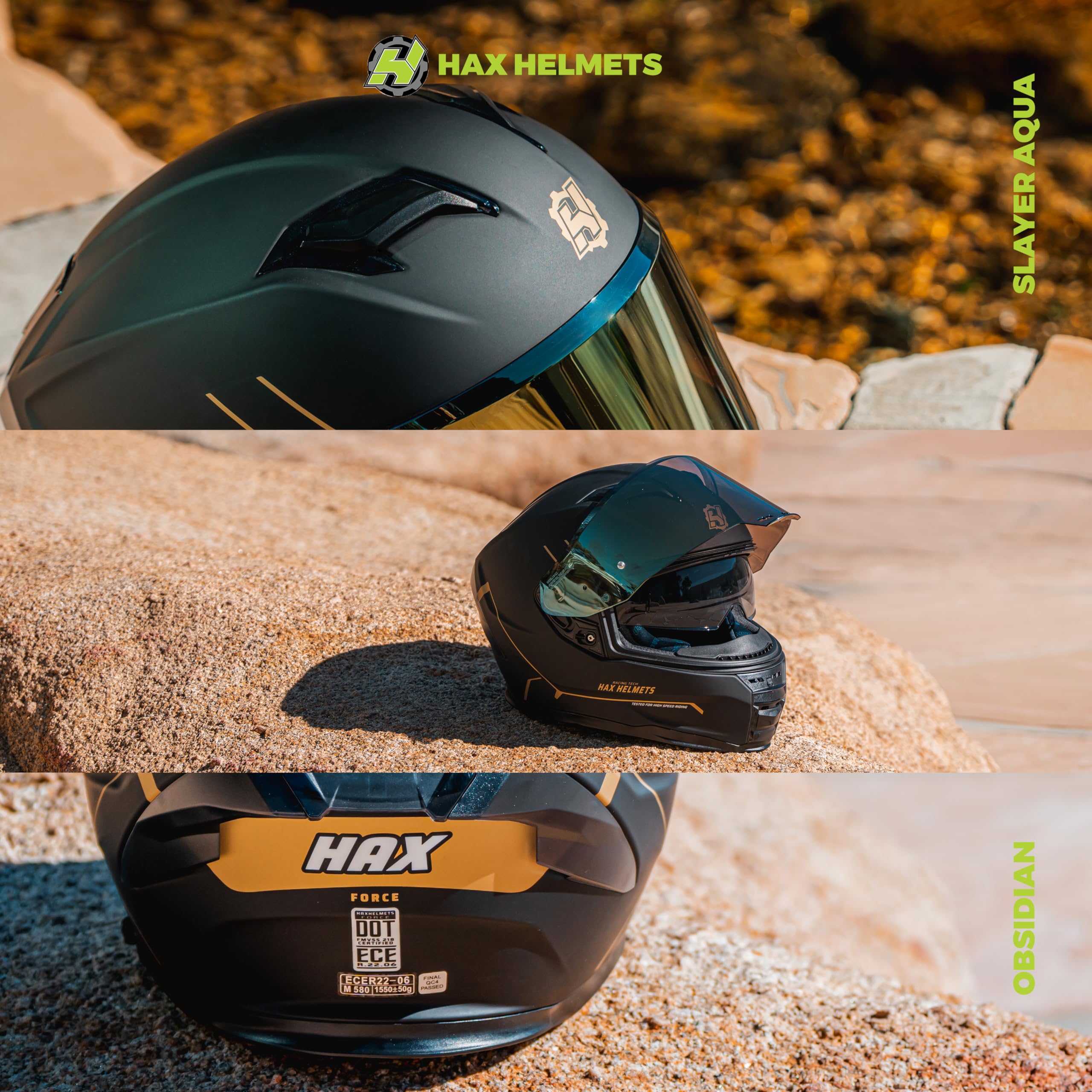Hax Force Aerodynamic Full Face Helmet For Street & E-Bikes Dot & Ece Certified - Enhanced Dual Visor, Adult Size, Pinlock Ready Matte Black Gold L