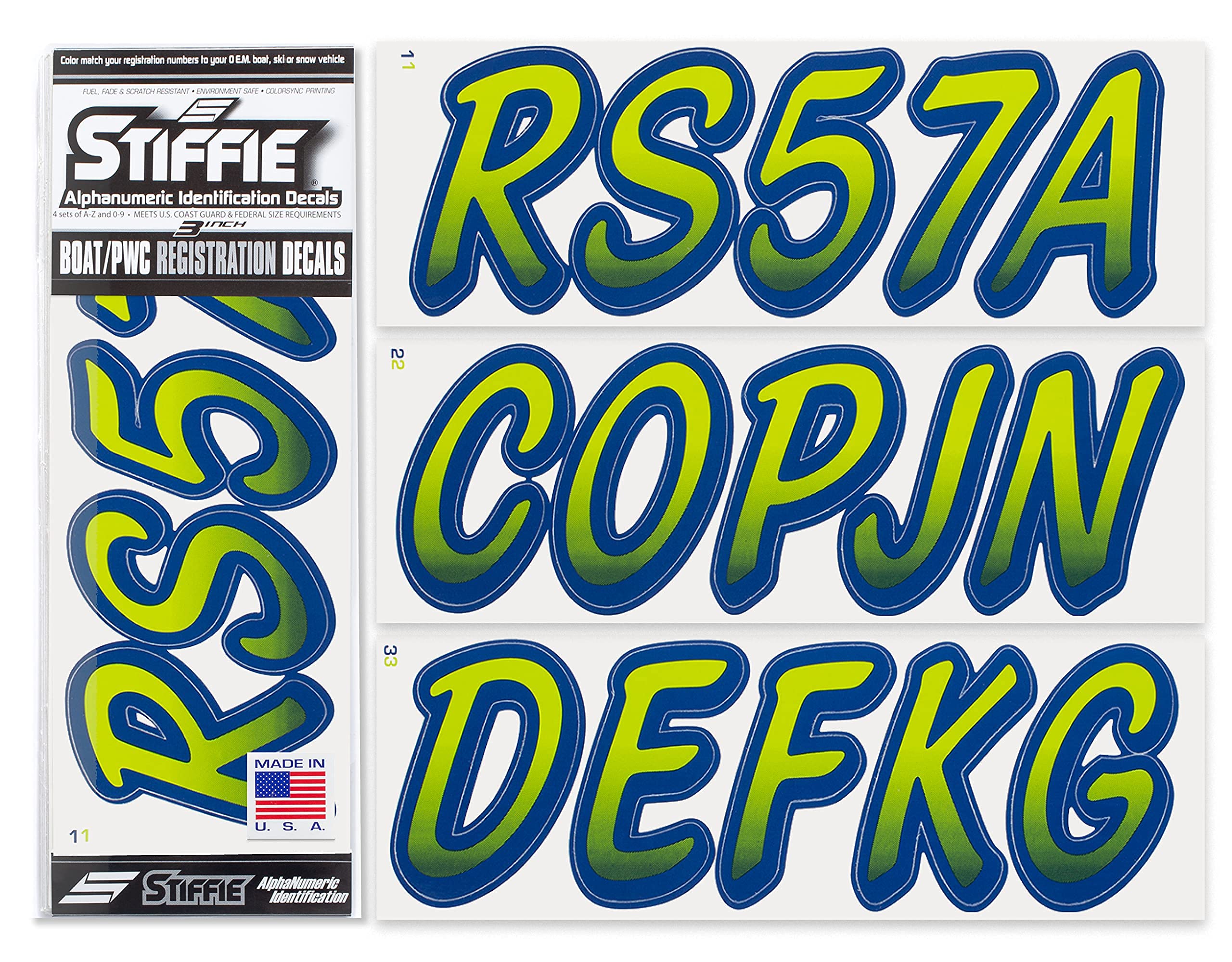 STIFFIE Whipline Atomic Green/Navy 3'' Boat & PWC Registration Decals  Numbers Letters Stickers