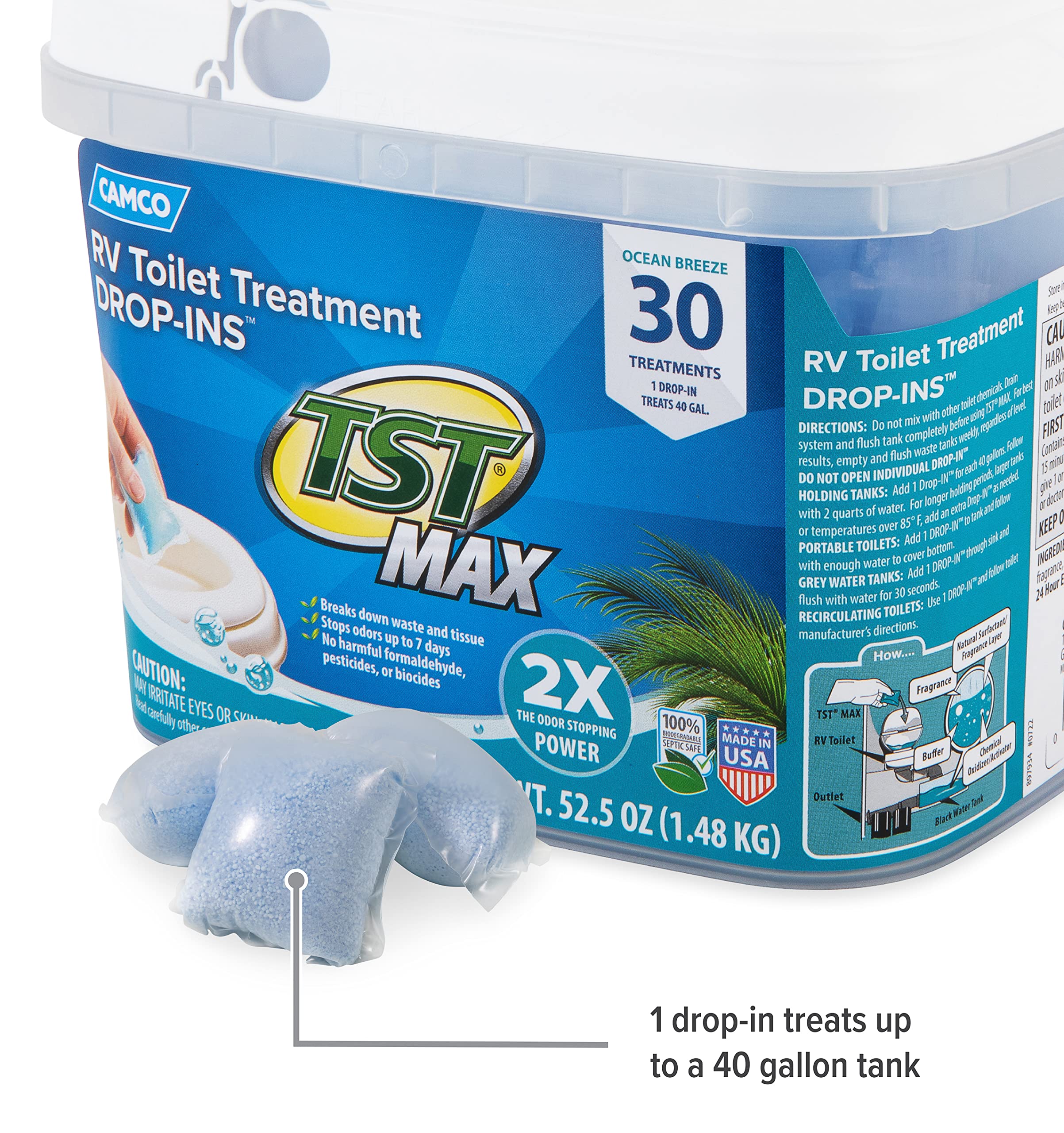 Camco Tst Max Rv Toilet Treatment Drop-Ins | Control Unwanted Odors And Break Down Waste And Tissue | Septic Tank Safe | Ocean Breeze Scent | 30-Pack (41615)