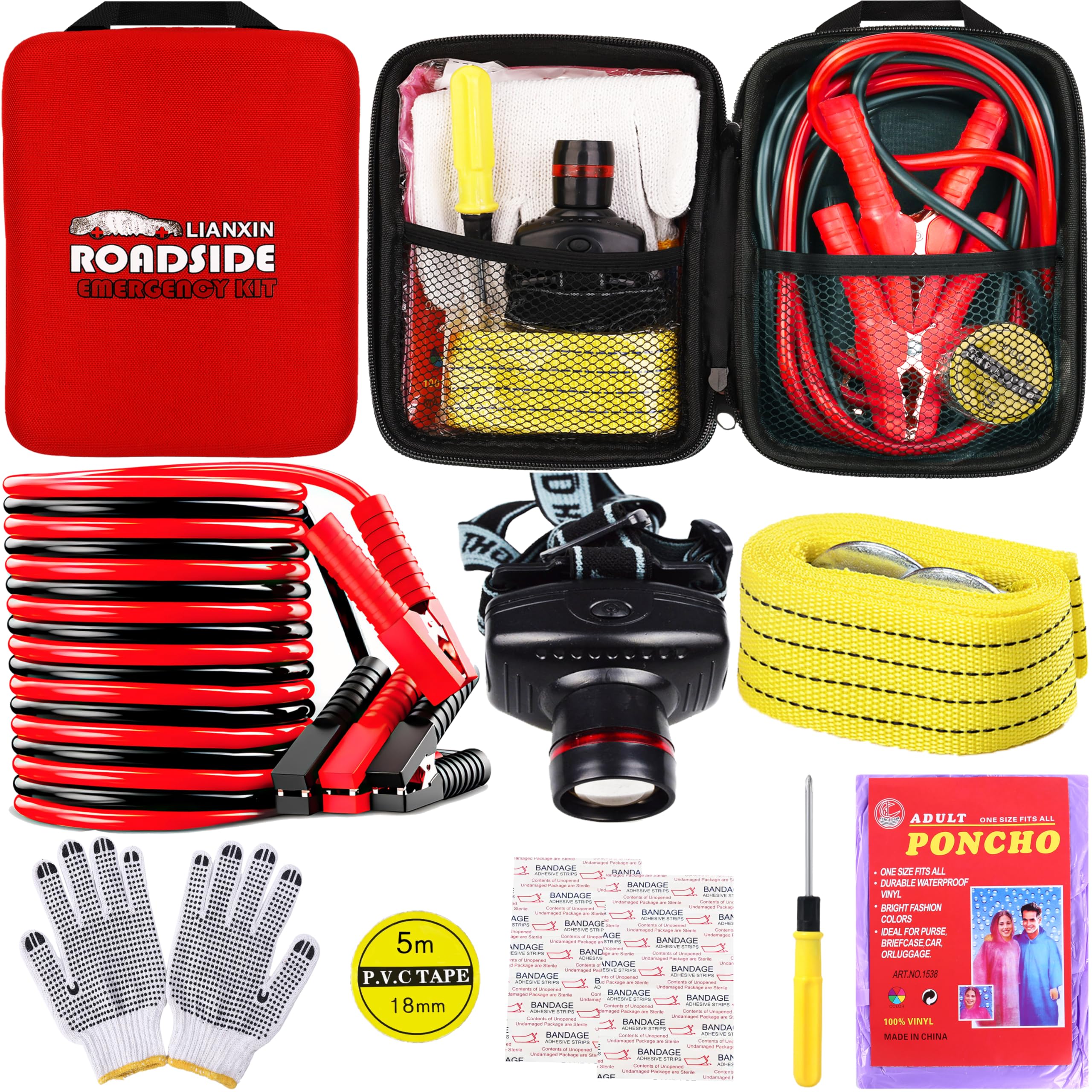 Lianxin Car Roadside Emergency Kit, With Jumper Cables Automotive Kit,Car Safety Roadside Assistance Kit Headlamp,Tow Straps,Scr