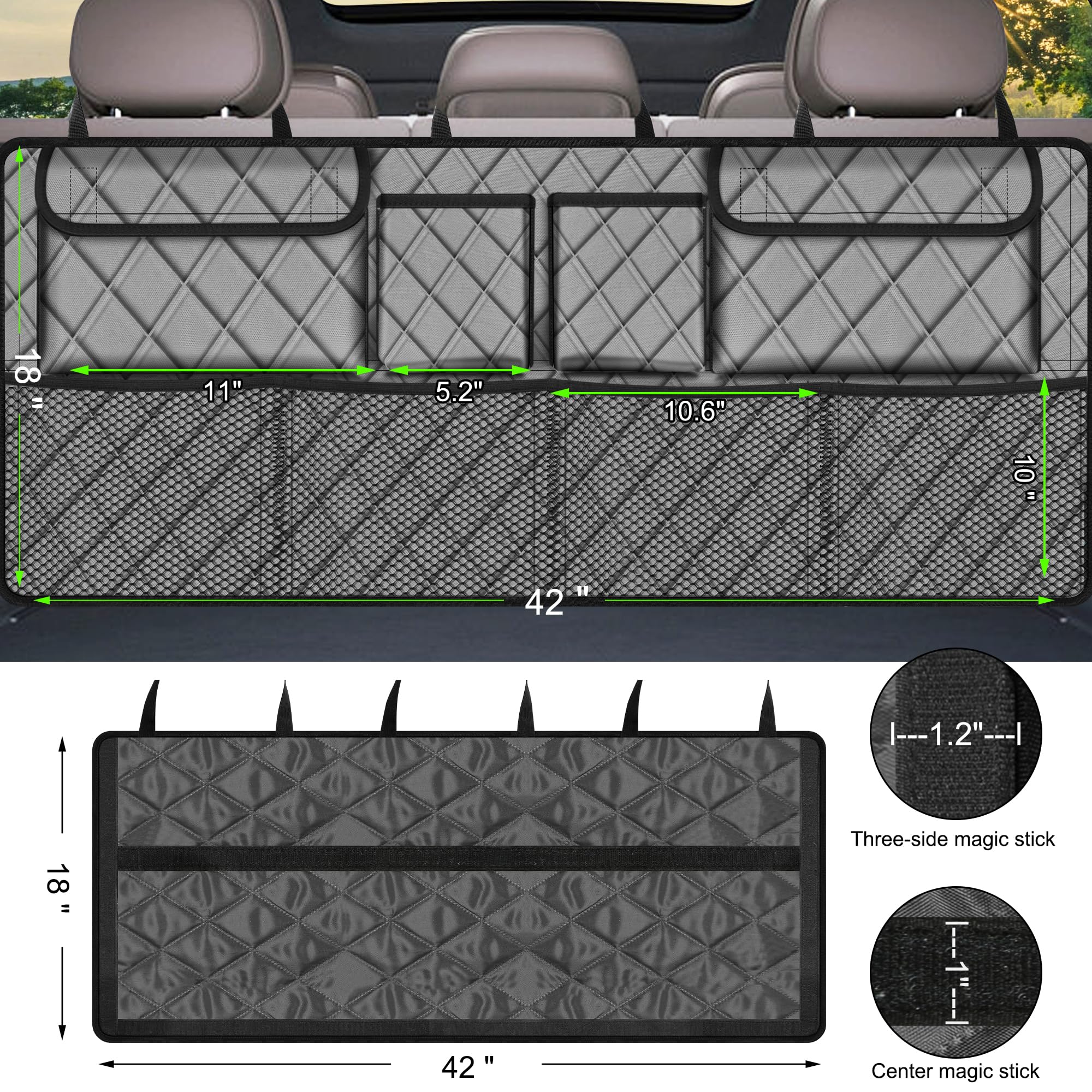 Femuar Car Trunk Organizer, Large Capacity Backseat Trunk Organizer (42''*18''), Collapsible Car Storage Bag With 8 Pockets, Suv