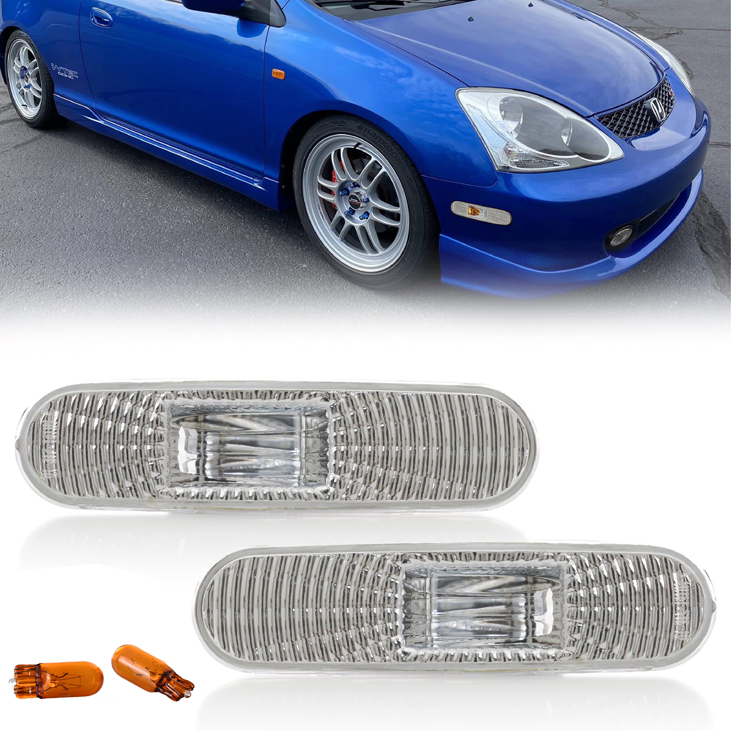Usr Depo 02-05 Civic 3D Side Marker Lights - Bumper Sidemarkers Lamps Set (Left + Right) Compatible With 2002-2005 Honda Civic Si Ep Ep3 3 Doors Hatchback (Clear Lens 2 Pieces Front Or Rear)