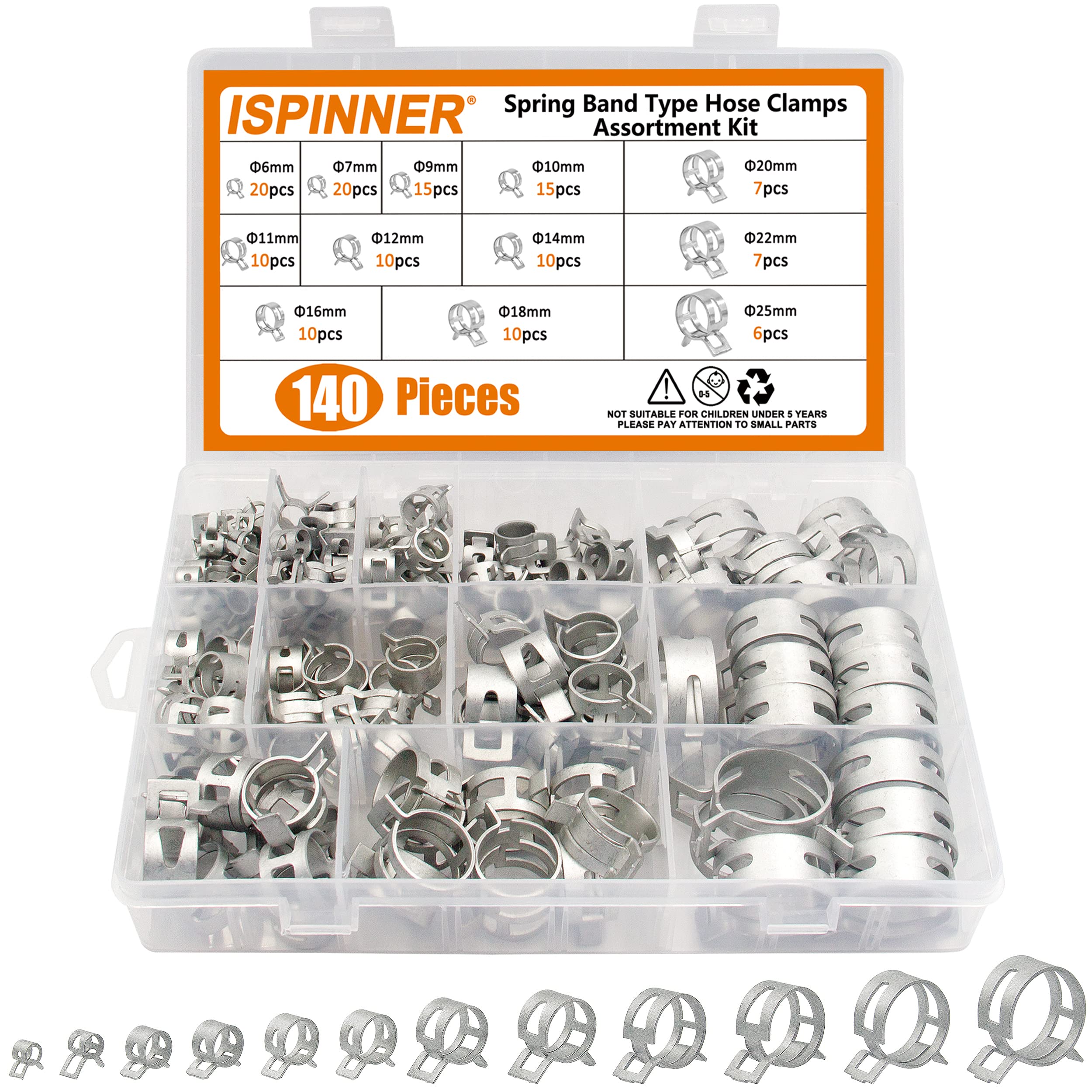 Ispinner 140Pcs 6-25Mm Spring Band Type Fuel Line Silicone Vacuum Hose Pipe Clamp, 12 Sizes Low Pressure Air Clip Clamp