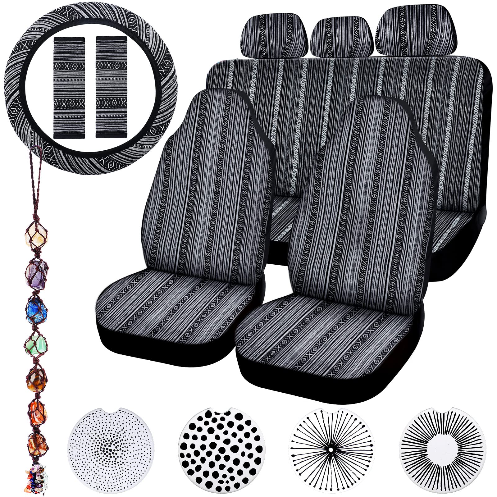 Frienda Baja Saddle Blanket Car Seat Covers Full Set Multicolor Stripe Boho Steering Wheel Cover Seat Belt Pads Crystal Hanging