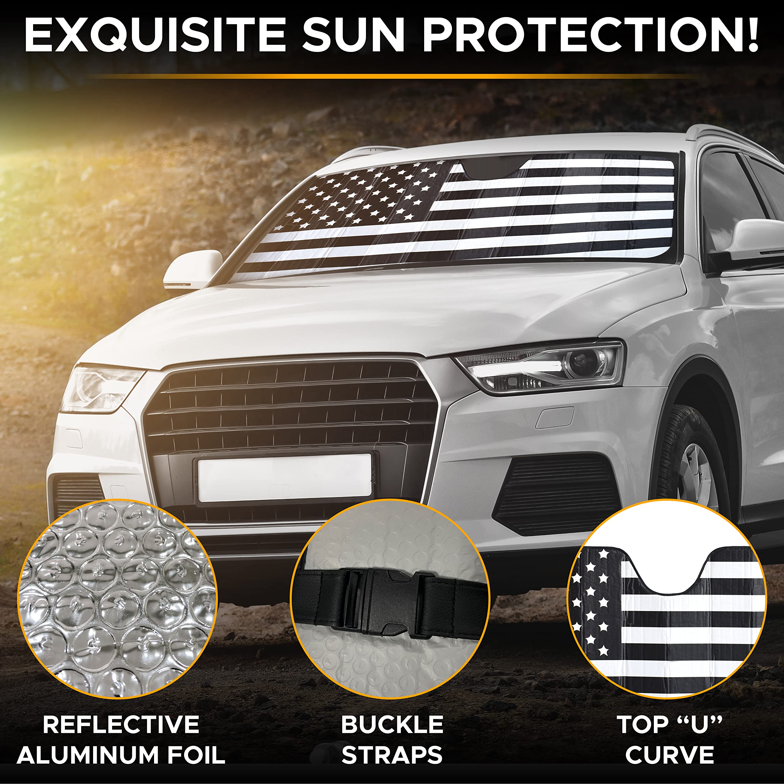Econour Accordion American Flag Car Sun Shade Windshield | Foldable Car Shield Sun Protector Offers Complete Uv Protection | Reflective Sun Shade Car Lowers Interior Temperature | 58 X 27.5 Inches