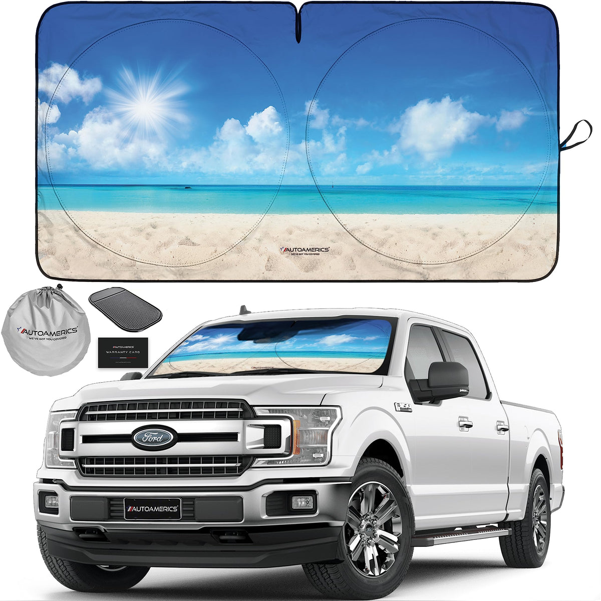 Autoamerics 1-Piece Windshield Sun Shade - Sunny Beach Design Foldable Car Front Window Sunshade For Cars Suv Truck Heat Blocker