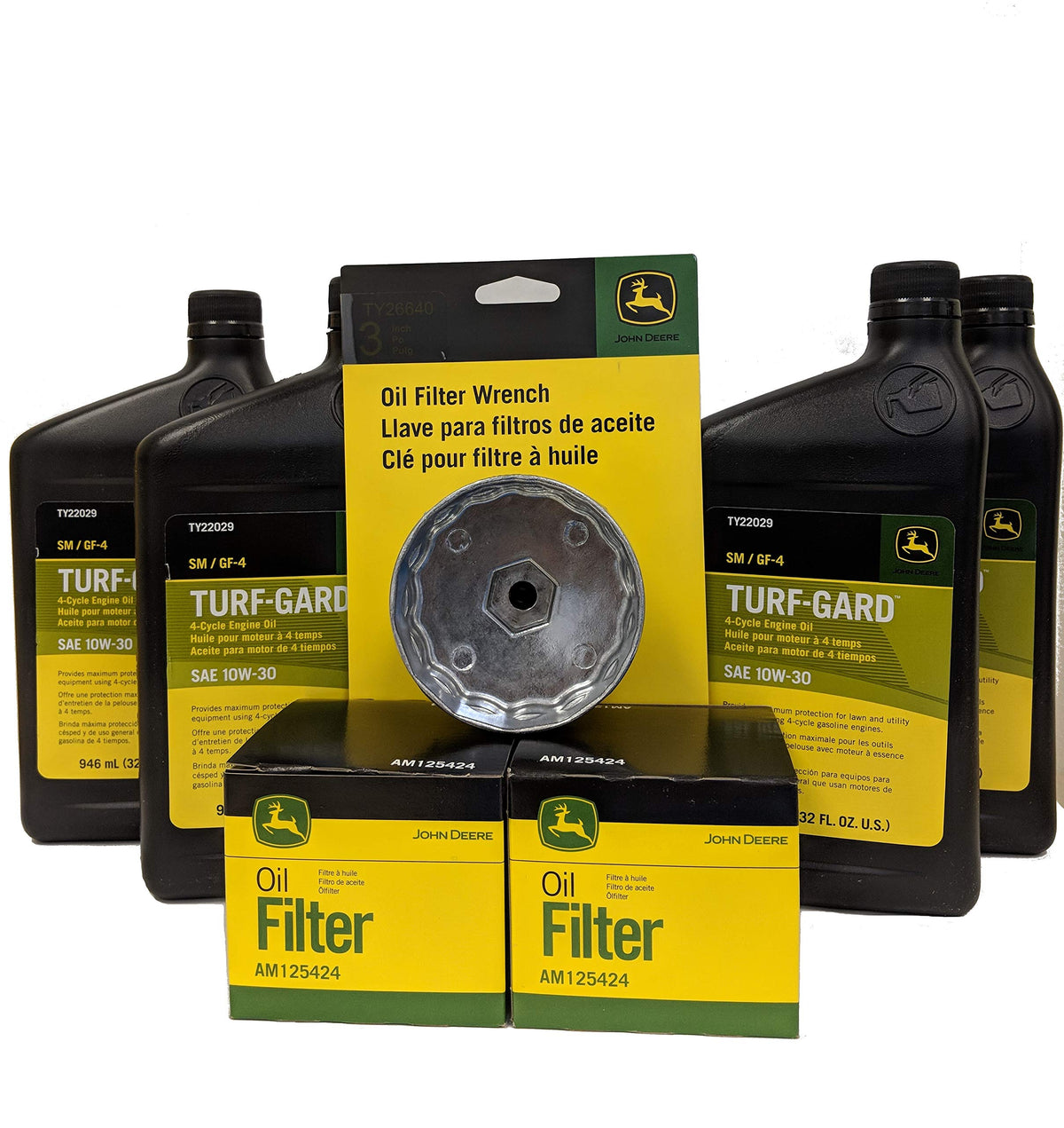 John Deere Double Oil Change Kit Including Oil Filter Wrench - (4) Ty22029 + (2) Am125424 +Ty26640