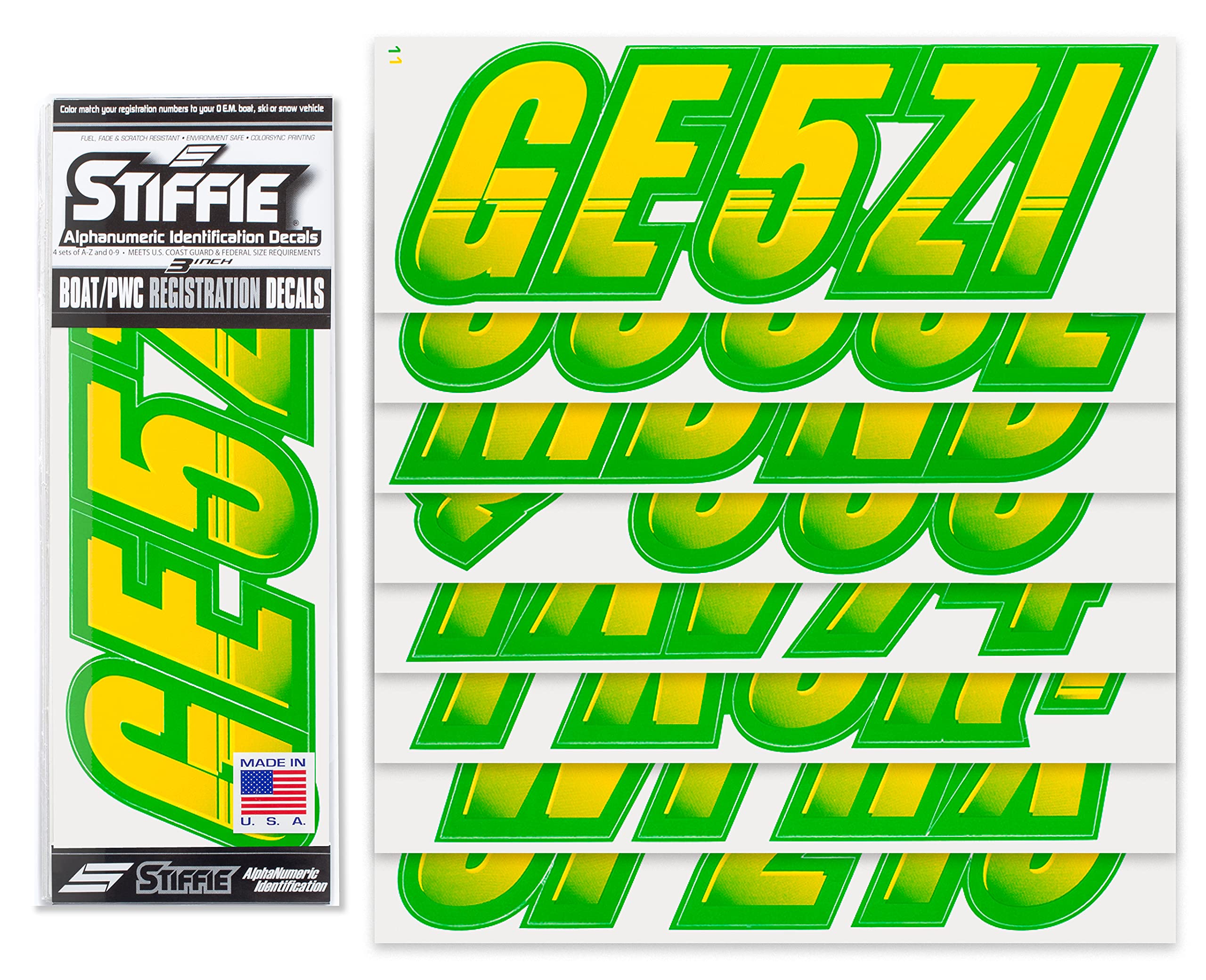 Stiffie Techtron Yellow/Green 3 '' Boat & Pwc Registration Decals  Numbers Letters Stickers