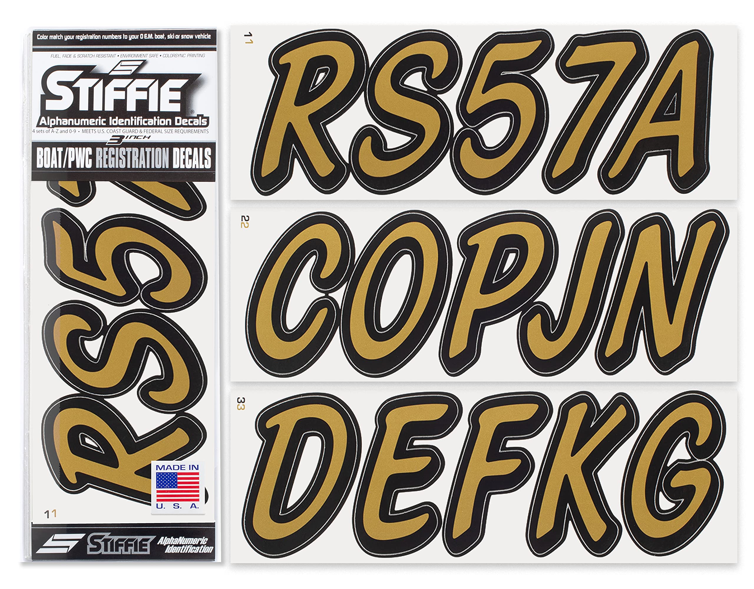 Stiffie Whipline Solid Metallic Gold/Black 3 Alpha-Numeric Registration Identification Numbers Stickers Decals For Boats & Personal Watercraft