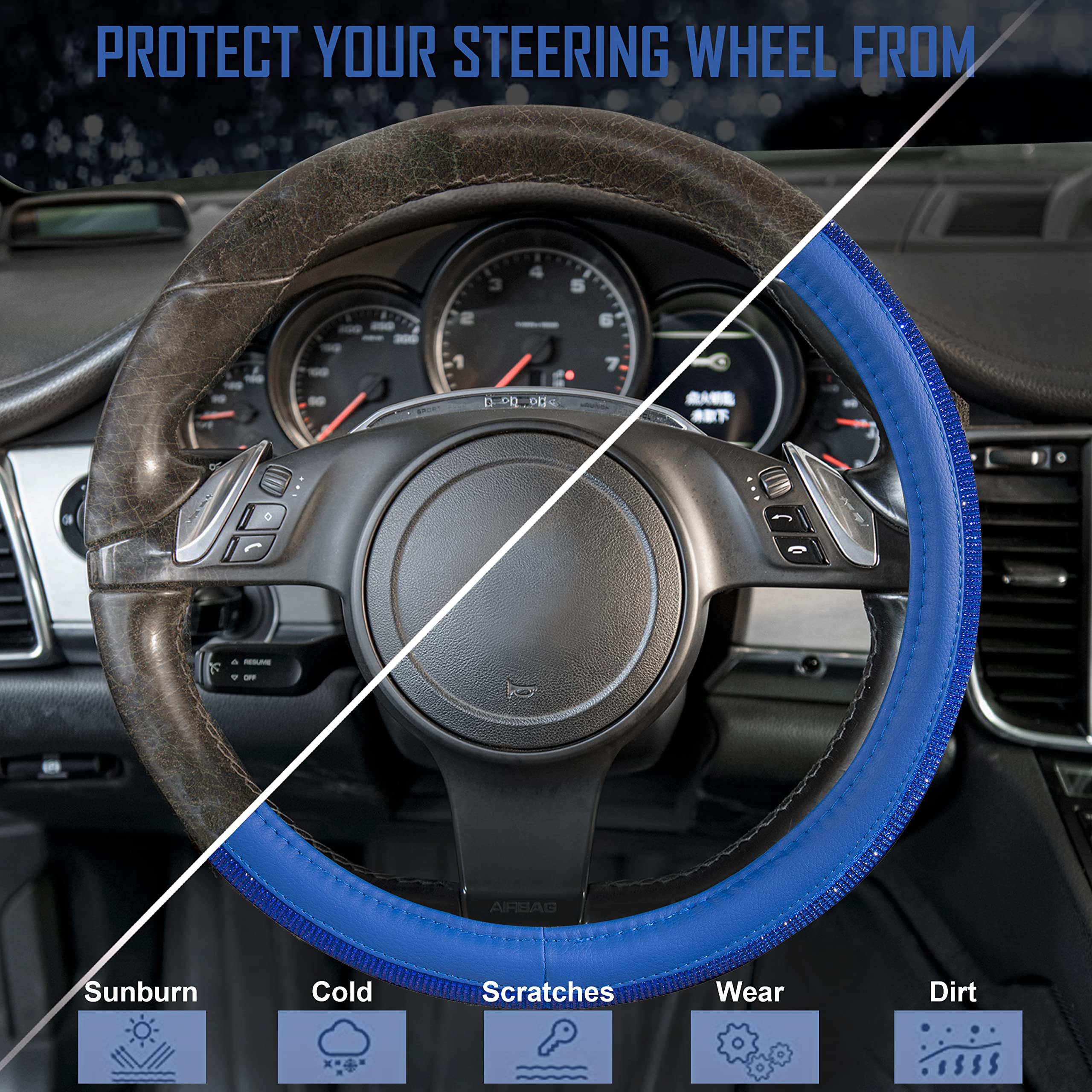 Car Pass Bling Diamond Leather Steering Wheel Cover, With Bling Sparkly Crystal Glitter Rhinestones Universal Fit 14 1/2-15 Car Wheel Protect For Women Girl Fit Suvs,Vans,Sedans,Cars,Trucks, Blue