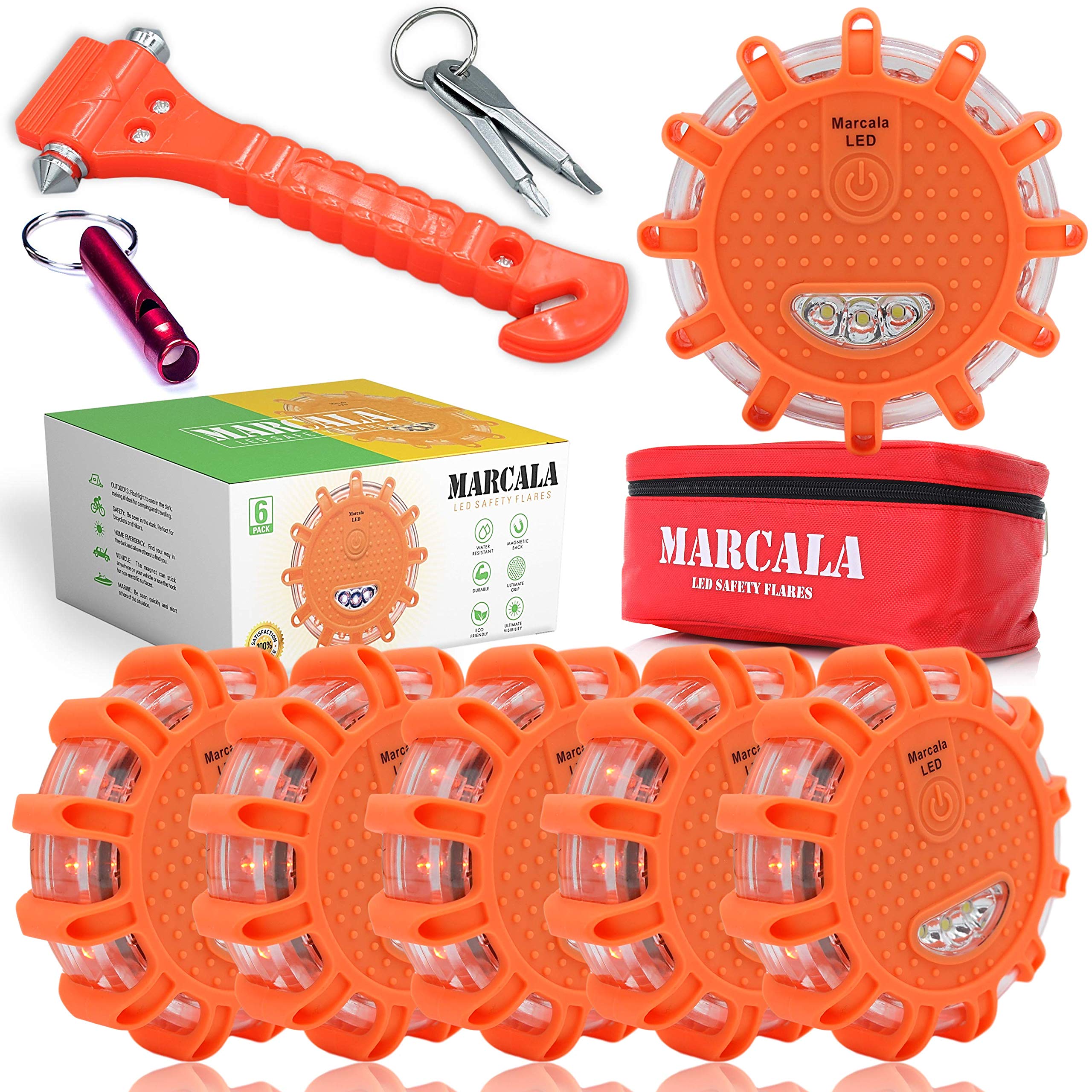 Marcala Led Road Flares 6-Pack | Roadside Emergency Kit With Flares | Roadside Safety Disc, Dot Compliant Led Safety Flares | Ba