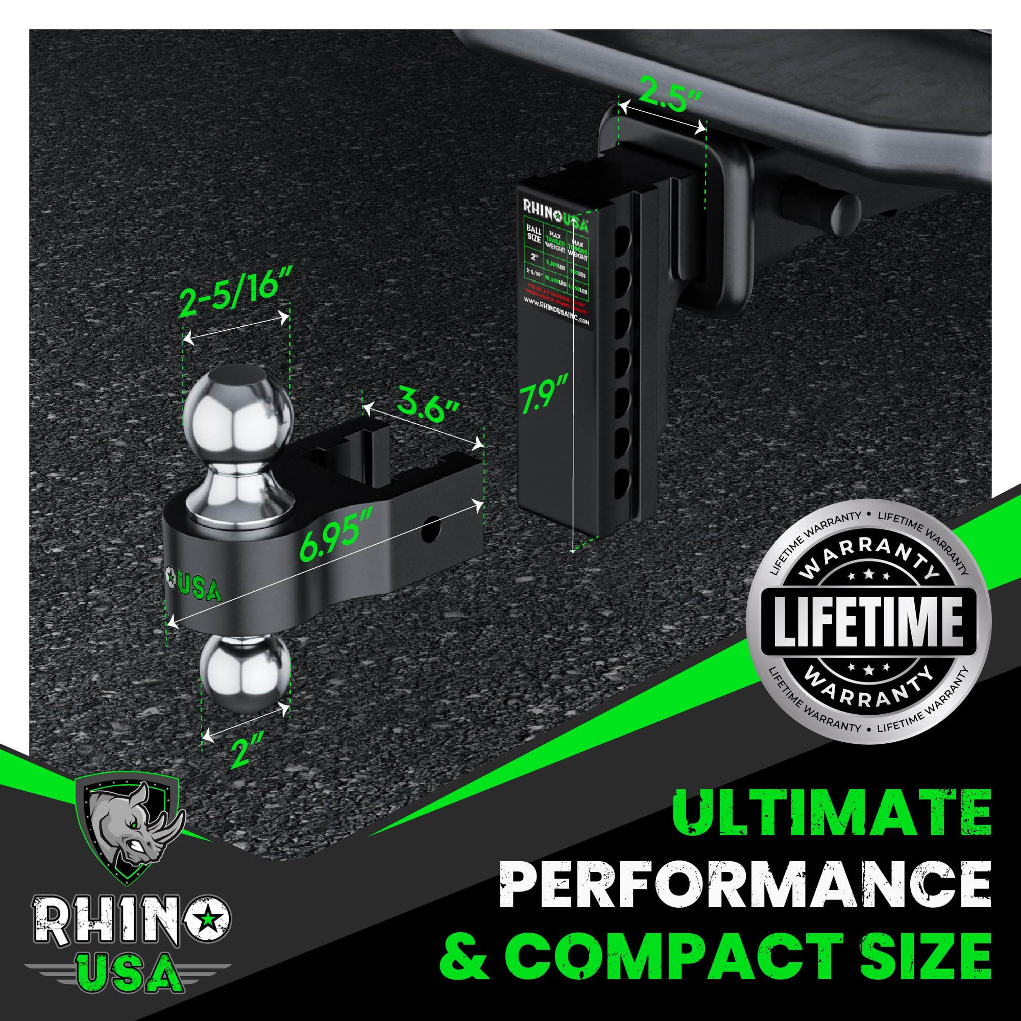 Rhino Usa Adjustable Trailer Hitch (2.5-Inch Receiver) - Heavy Duty Aluminum Tow Hitches With 8-Inch Drop/Rise For Truck (18,500