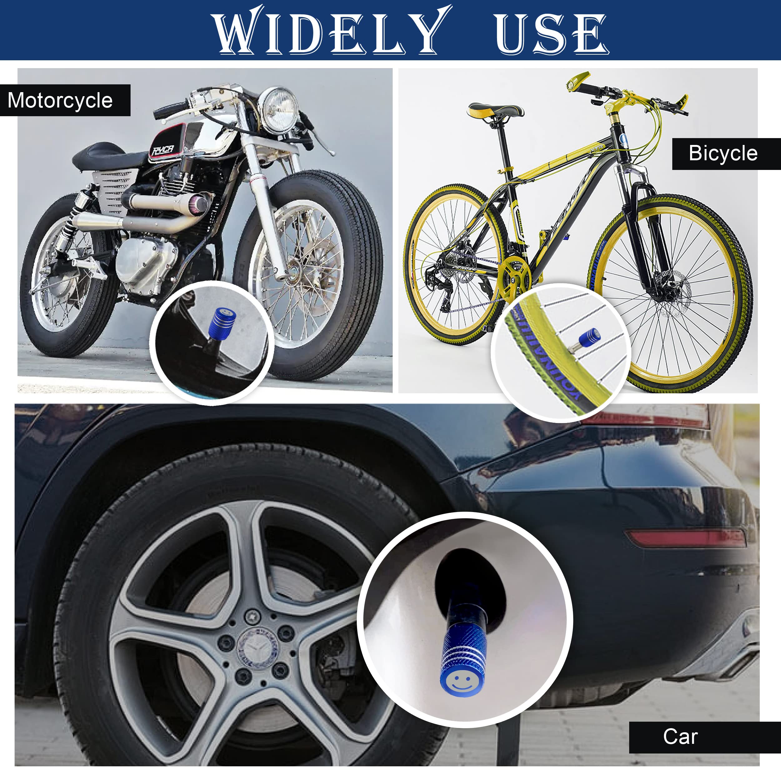 Tire Caps 4 Pack,Universal Tire Valve Caps,Tire Pressure Caps With O Rubber Ring,Corrosion Resistant Leak-Proof, Metal Air Valve Stem Caps For Cars Tires Suvs Bicycles Trucks Motorcycles Blue Smiley