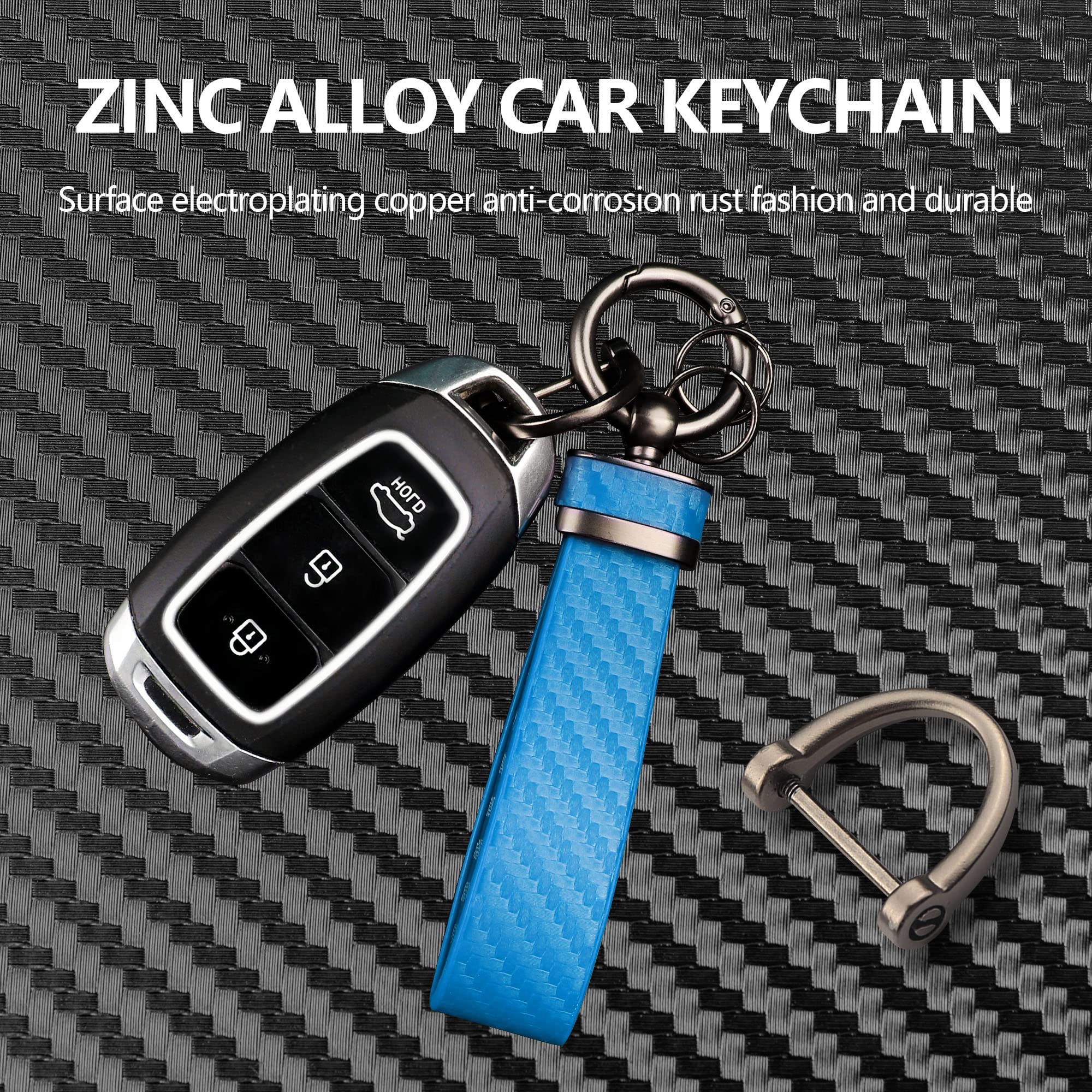 Turcee Carbon Fiber Car Keychain,Interior Accessories Keychains Leather Car Key Fob,Car Accessories Key Ring & Anti-Lost D-Ring(Blue)