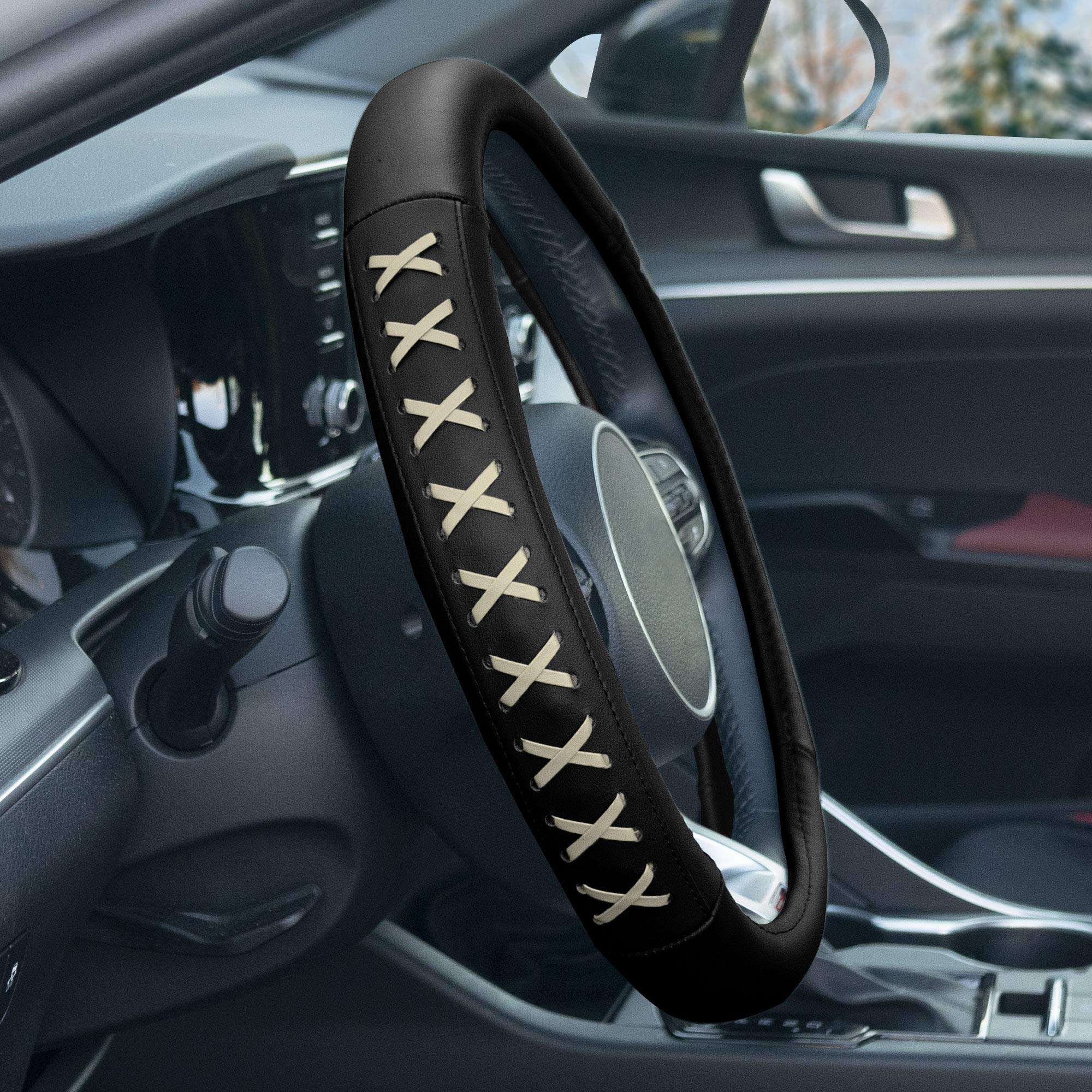 Fh Group Universal Fit 15 Inch Genuine Leather With Lace-Up Detailing Steering Wheel Cover Fits Most Cars, Suvs Beige