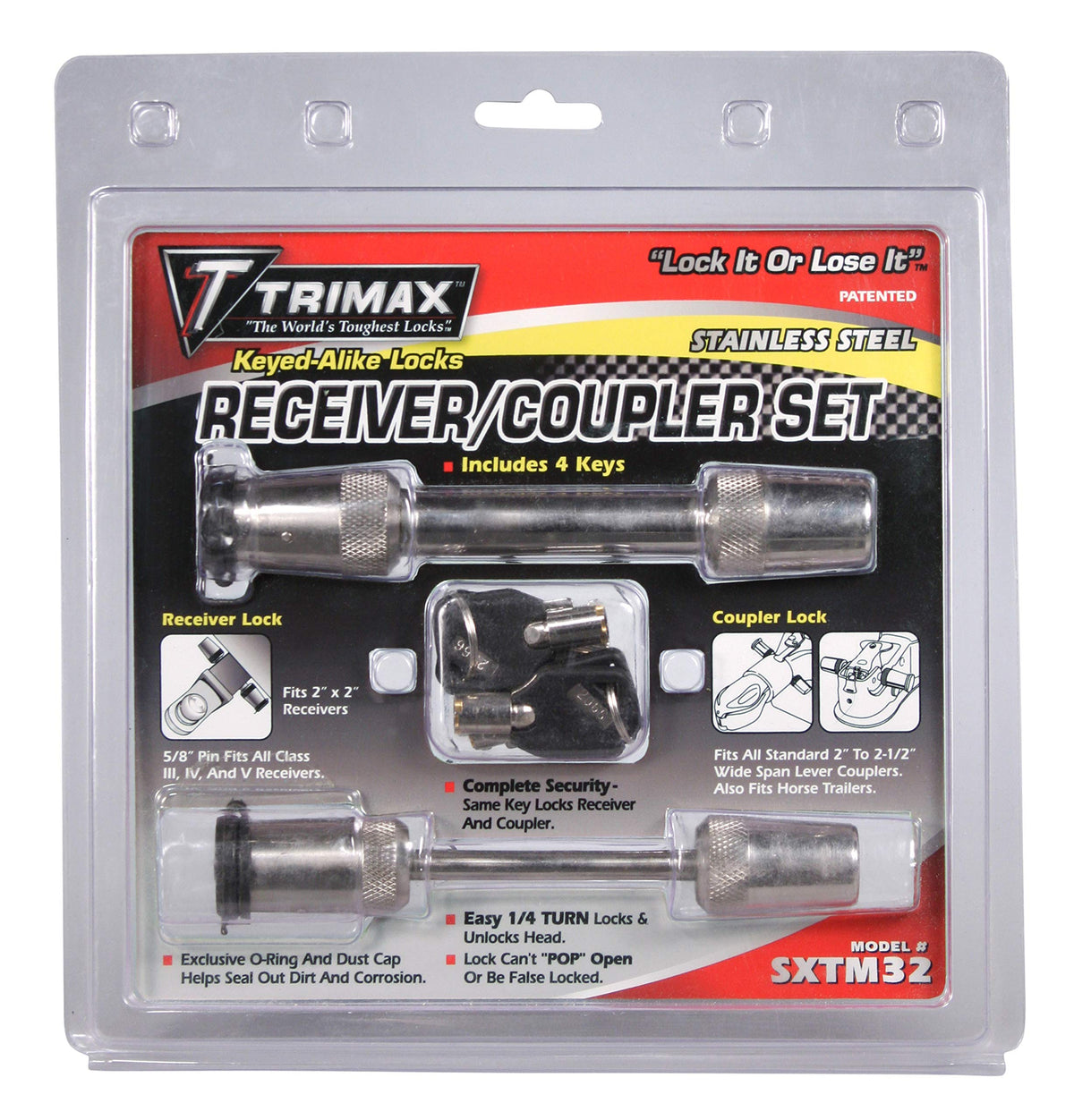 Trimax SXTM32 100% Stainless Steel (SXT3) 5/8'' Receiver Lock & (SXTC2) 2.5'' Span Coupler
