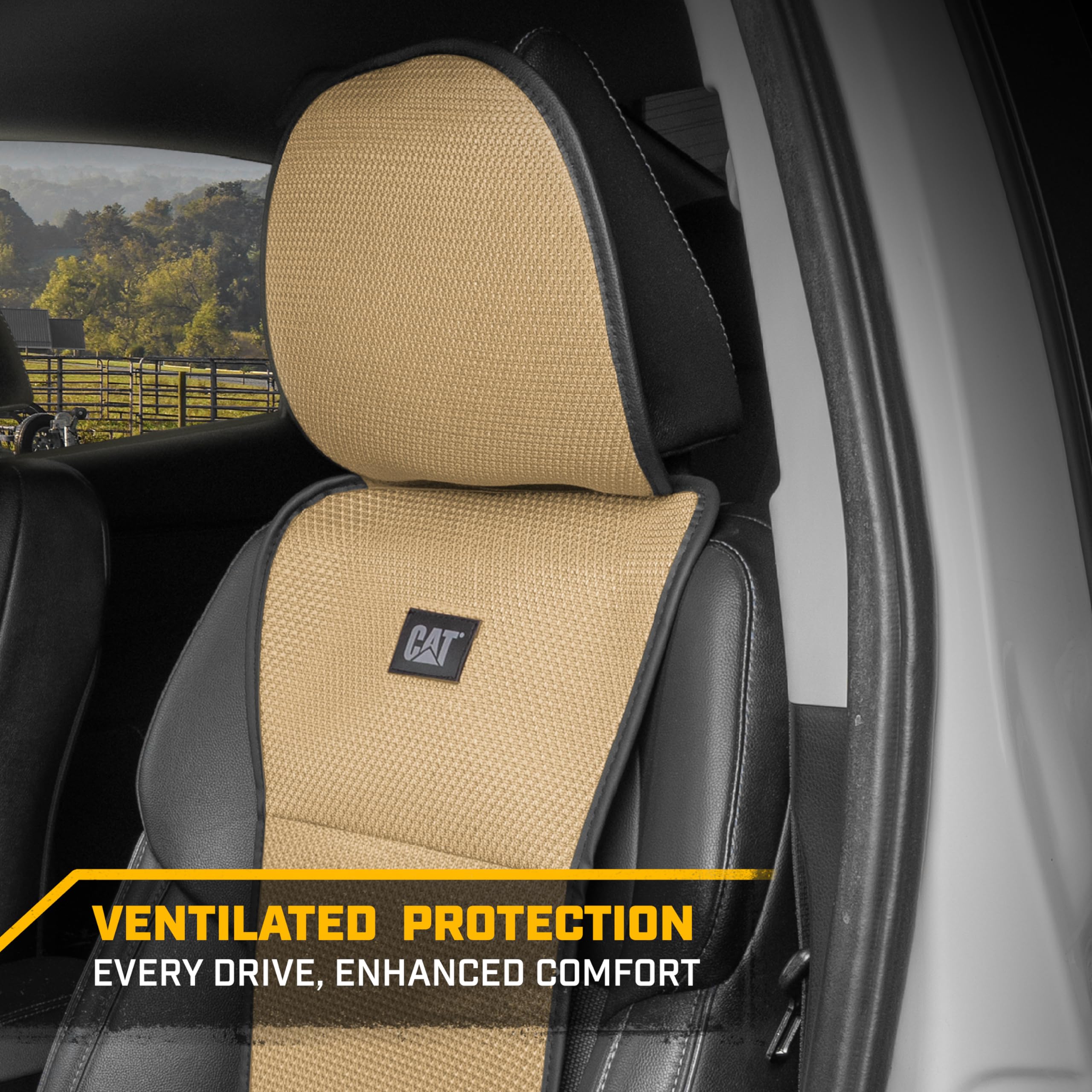 Caterpillar AeroMesh Beige Seat Covers for Trucks, Car, & SUV - (1) Front Truck Seat Cover Protector - Breathable Mesh Universal