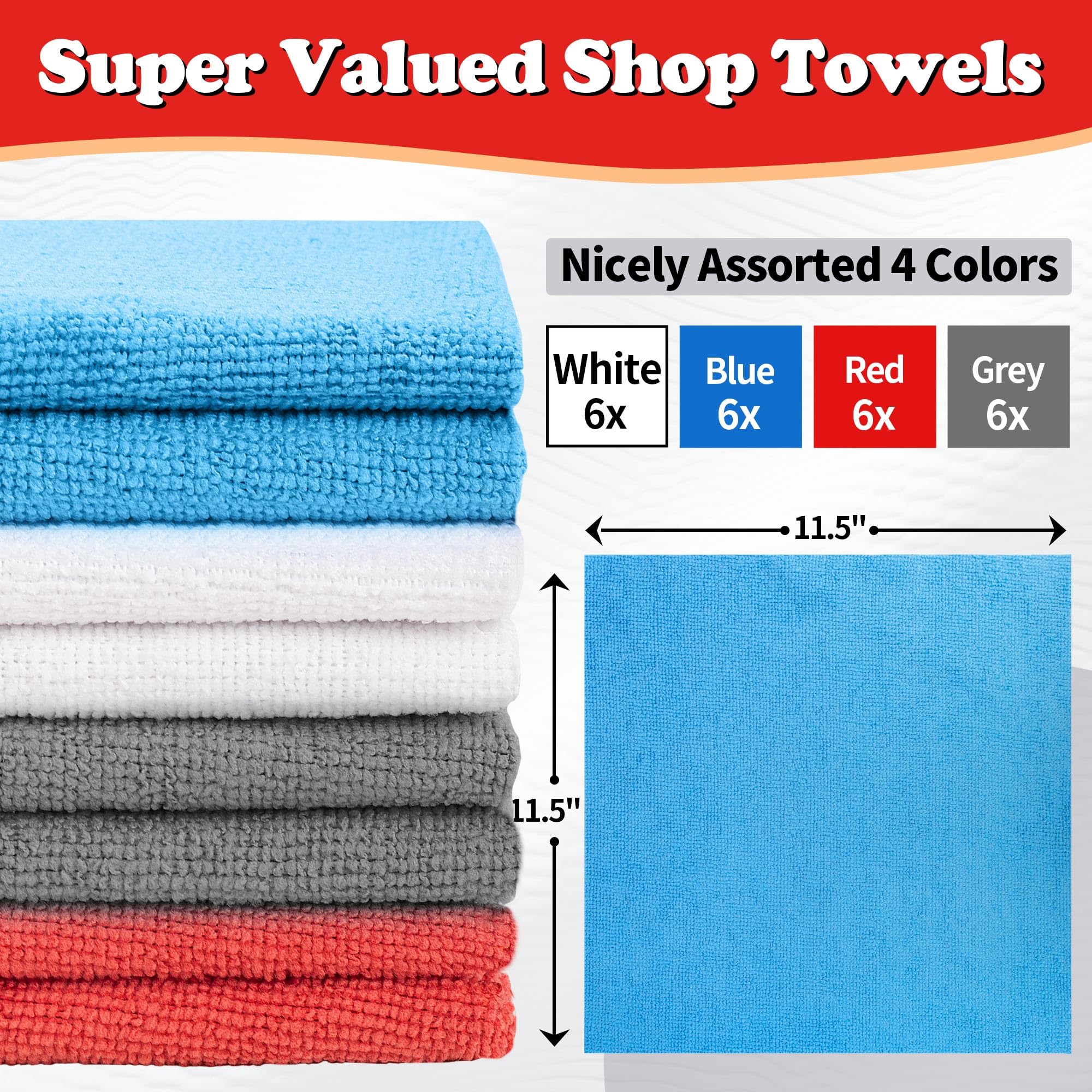 Fixsmith Shop Towels, Microfiber Cleaning Cloth Bulk, 24 Pack Microfiber Towels For Cars, All-Purpose Absorbent Cleaning Rags, D