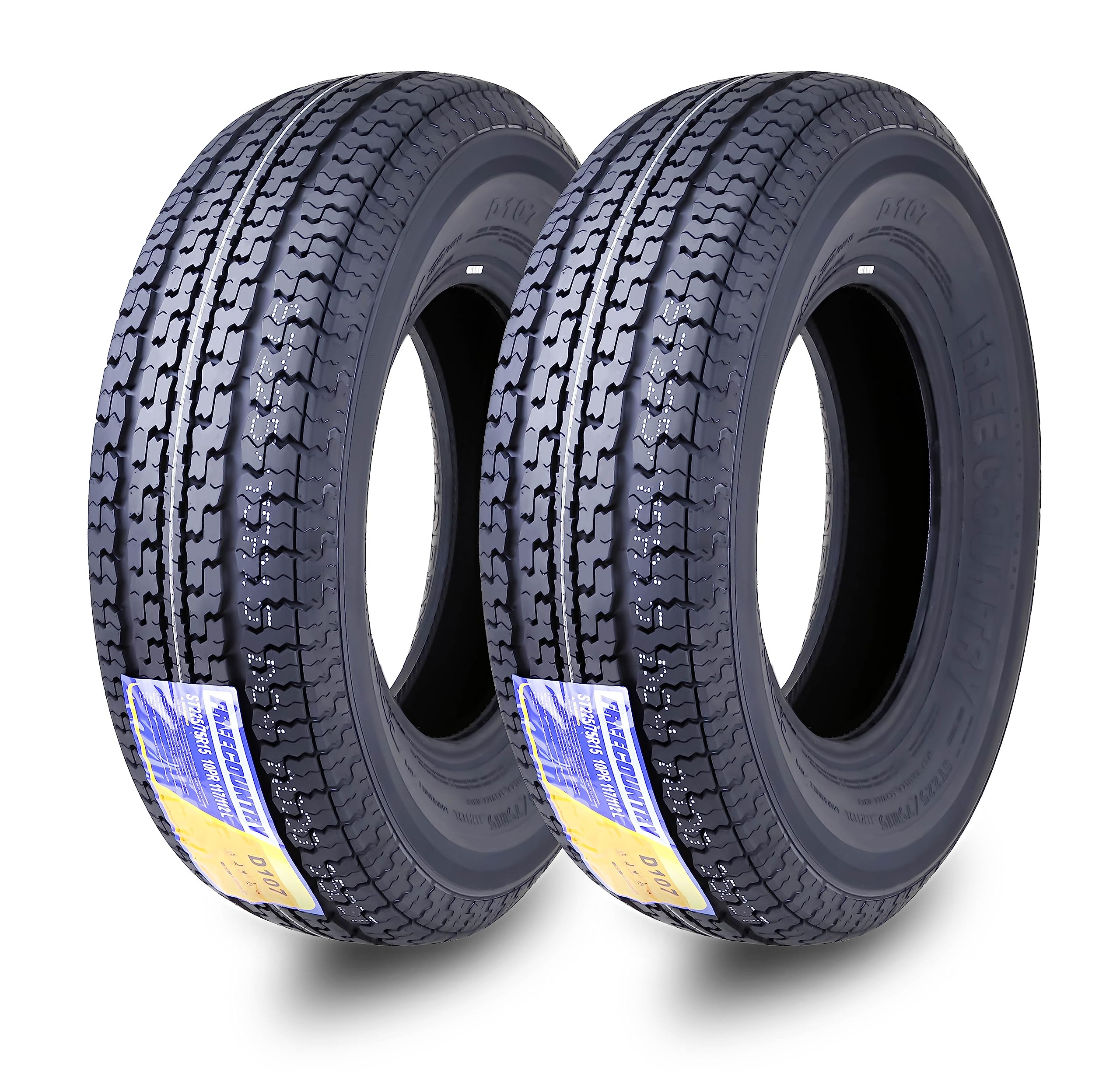 Set 2 Free Country Premium Radial Trailer Tires St 225/75R15 10Pr Load Range E W/Featured Scuff Guard 8Mm Tread Depth