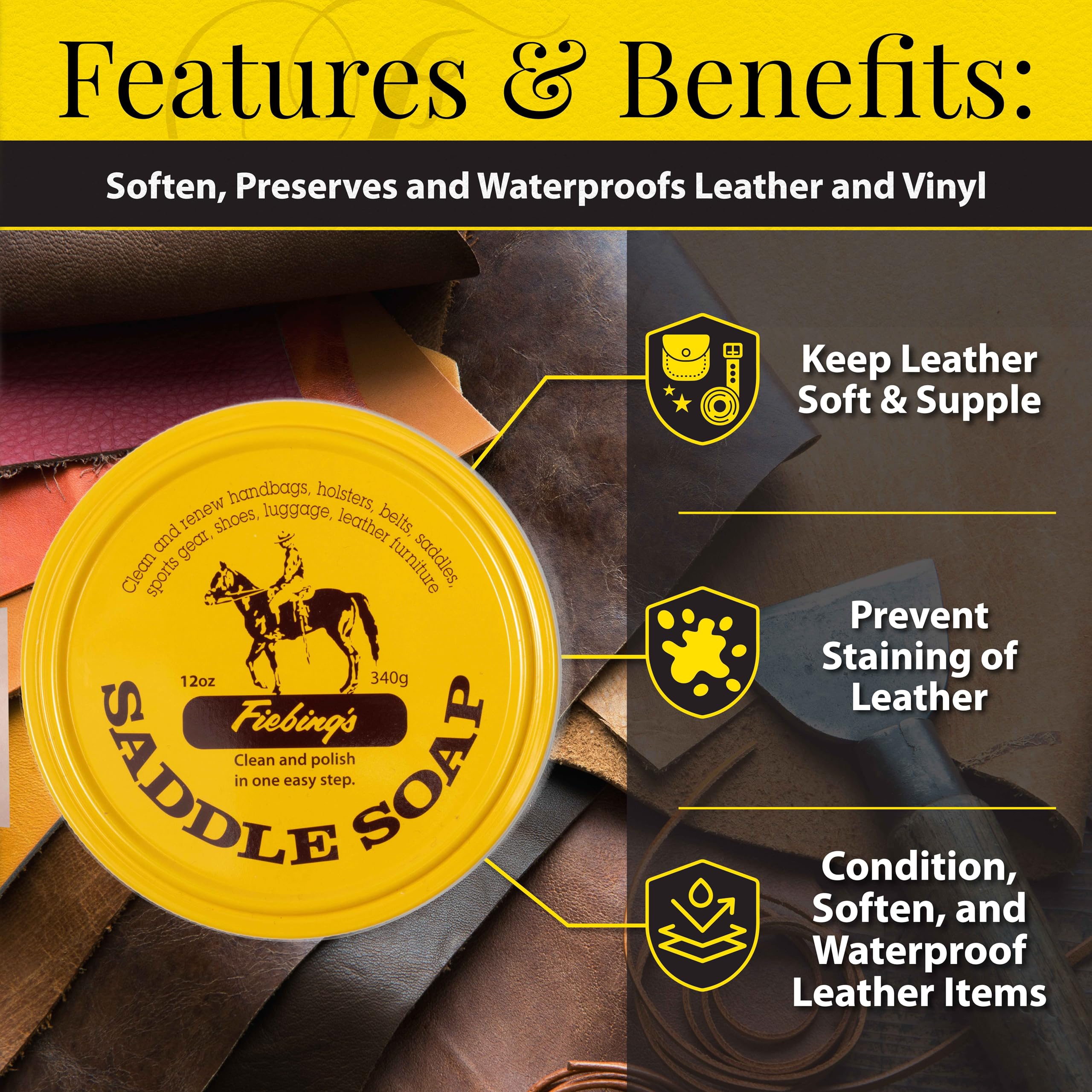 Fiebing's Yellow Saddle Soap for Leather (2 Pack, 12 oz Each) - Leather Cleaner & Conditioner to Soften, Protect & Restore Leath