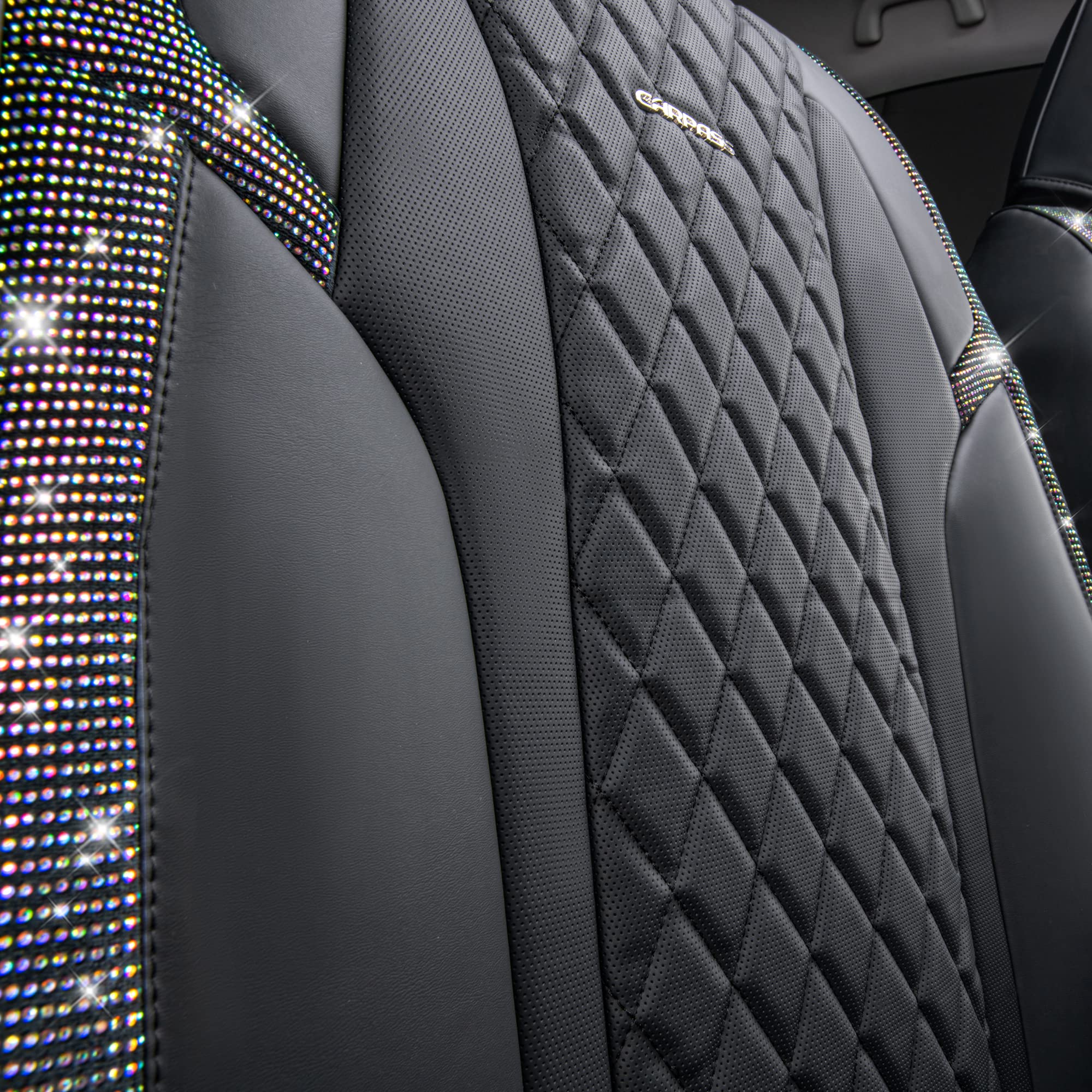 Car Pass Iridescent Diamond &Nappa Calfskin Leather Cushioned,Bling Seat Covers,Waterproof Heavy-Duty Anti-Slip,Universal Fit Fo